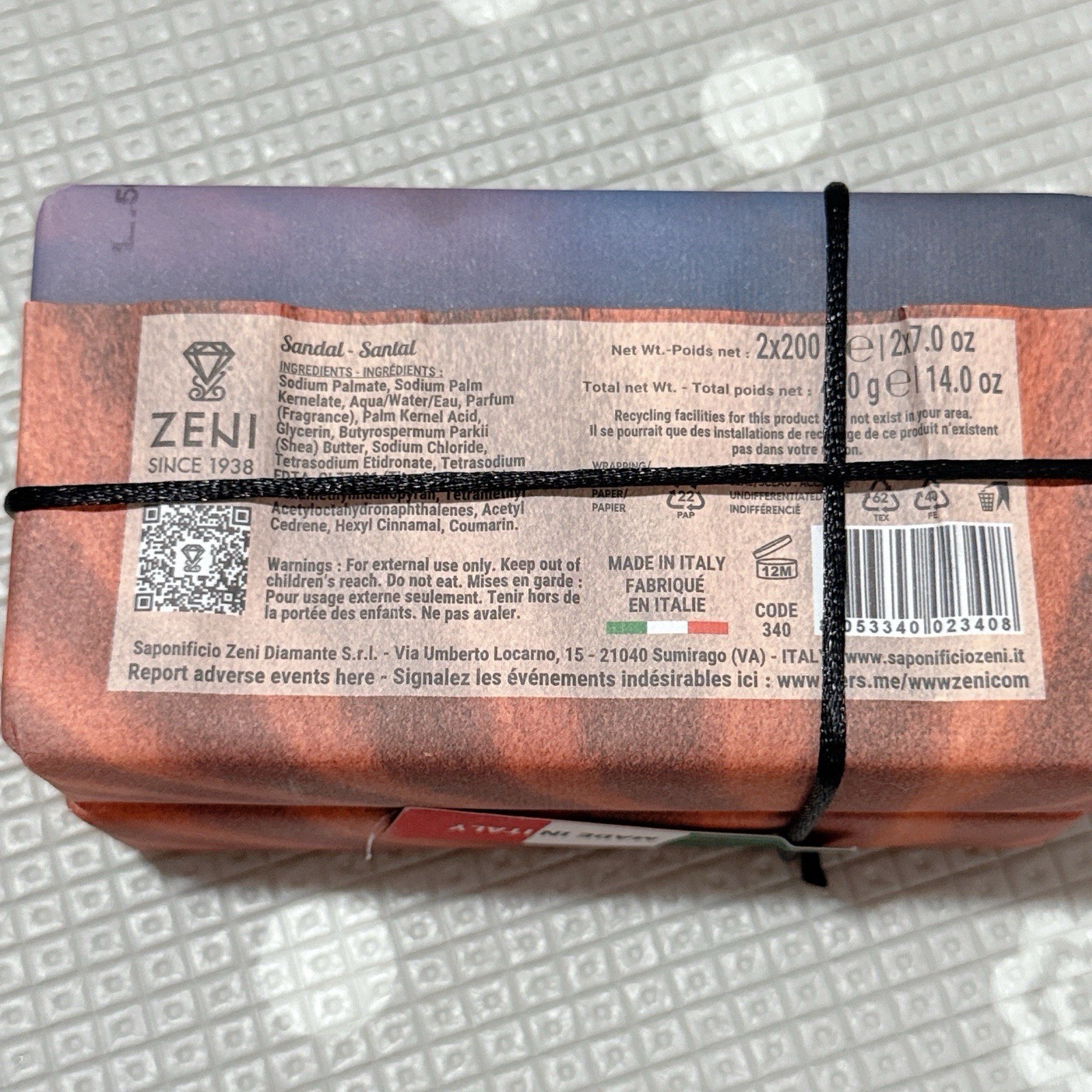 Zeni DIAMANTE Fine Triple Milled ITALIAN Bar Soap 2x7oz Sandal Sandalwood