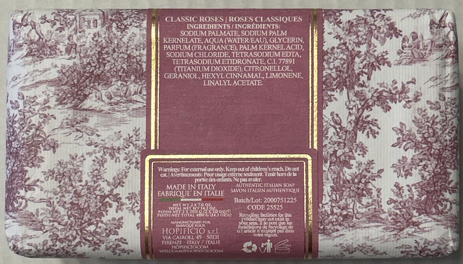 H2opificio Firenze Classic Roses Soap Bar Made In Italy 2 Pack 7.0 oz Ea. New