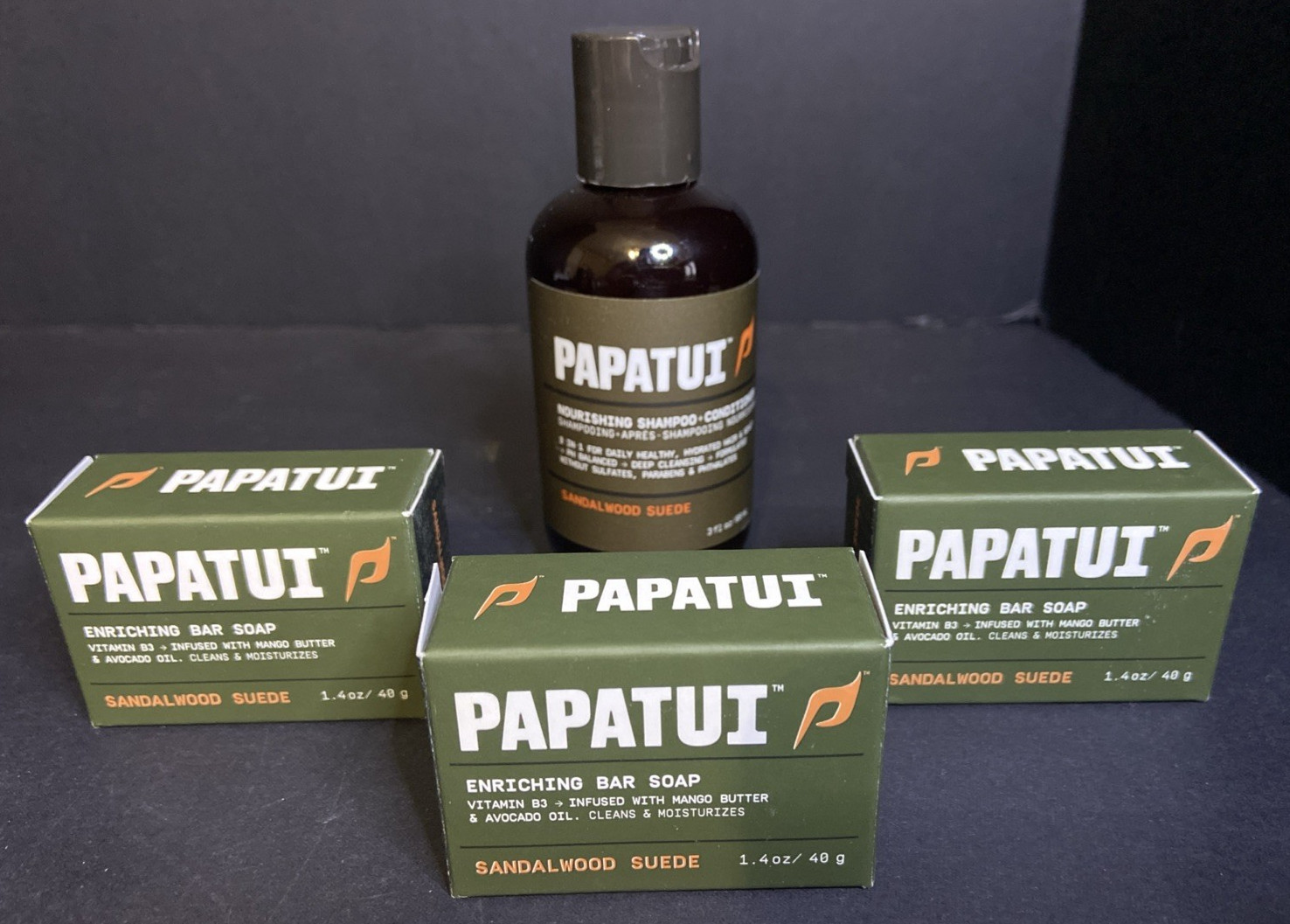 Papatui Soap Bundle 3 – 1.4 oz Bars + 1 – 3 fl oz Body Wash Sandalwood Suede