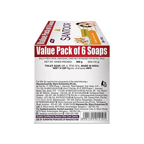 Santoor Sandal & Almond Milk Bathing Soap, 150 g (Pack of 6)