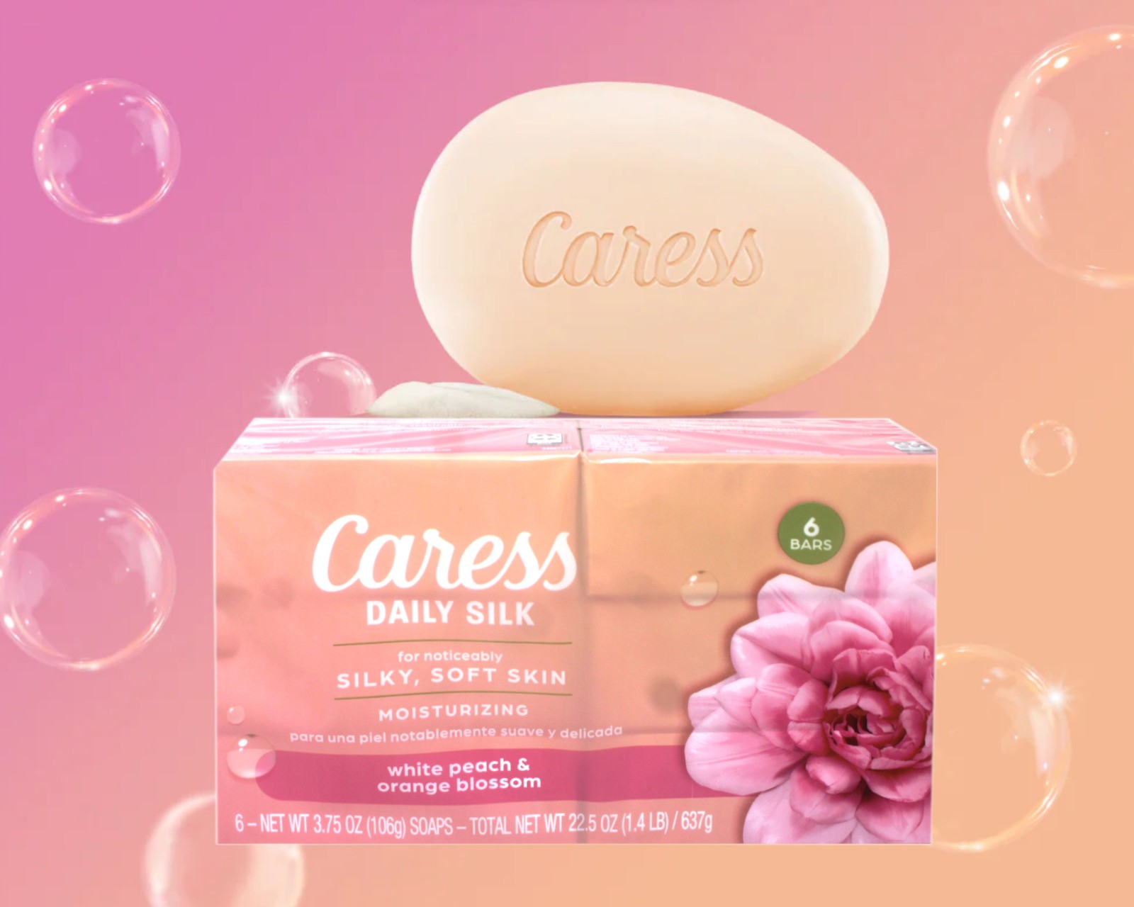 Caress Daily Silk Moisturizing Soap, White Peach & Orange Blossom 3.75 oz 6 Bars