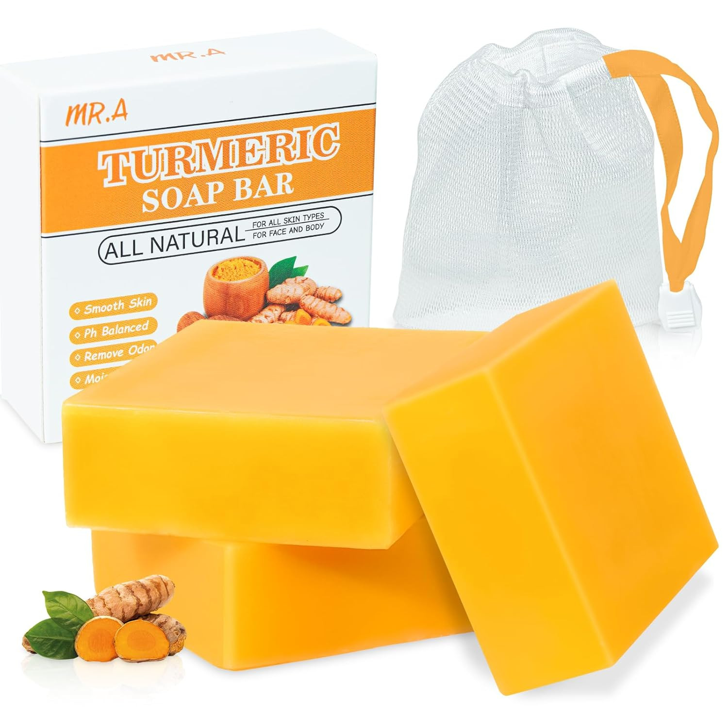 MR.A 3Packs Turmeric Soap Bar, Organic Tumeric Soap for Face and Body, Lemon Tur