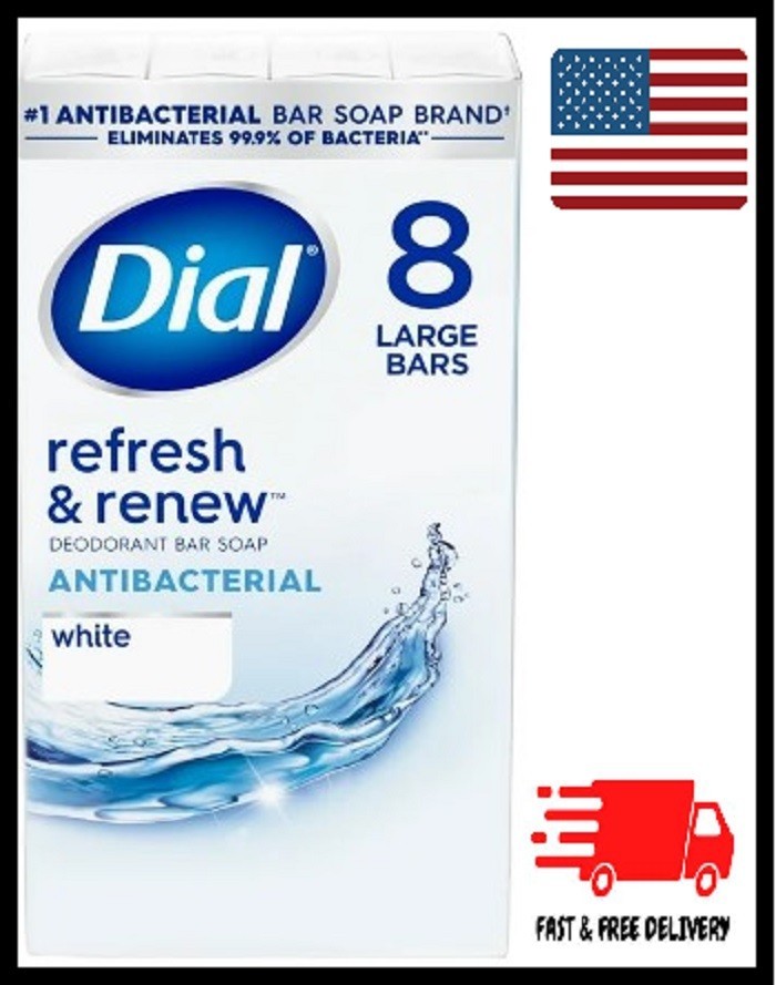 Dial Antibacterial Bar Soap, Refresh & Renew, White, 4 oz, 8 Bars