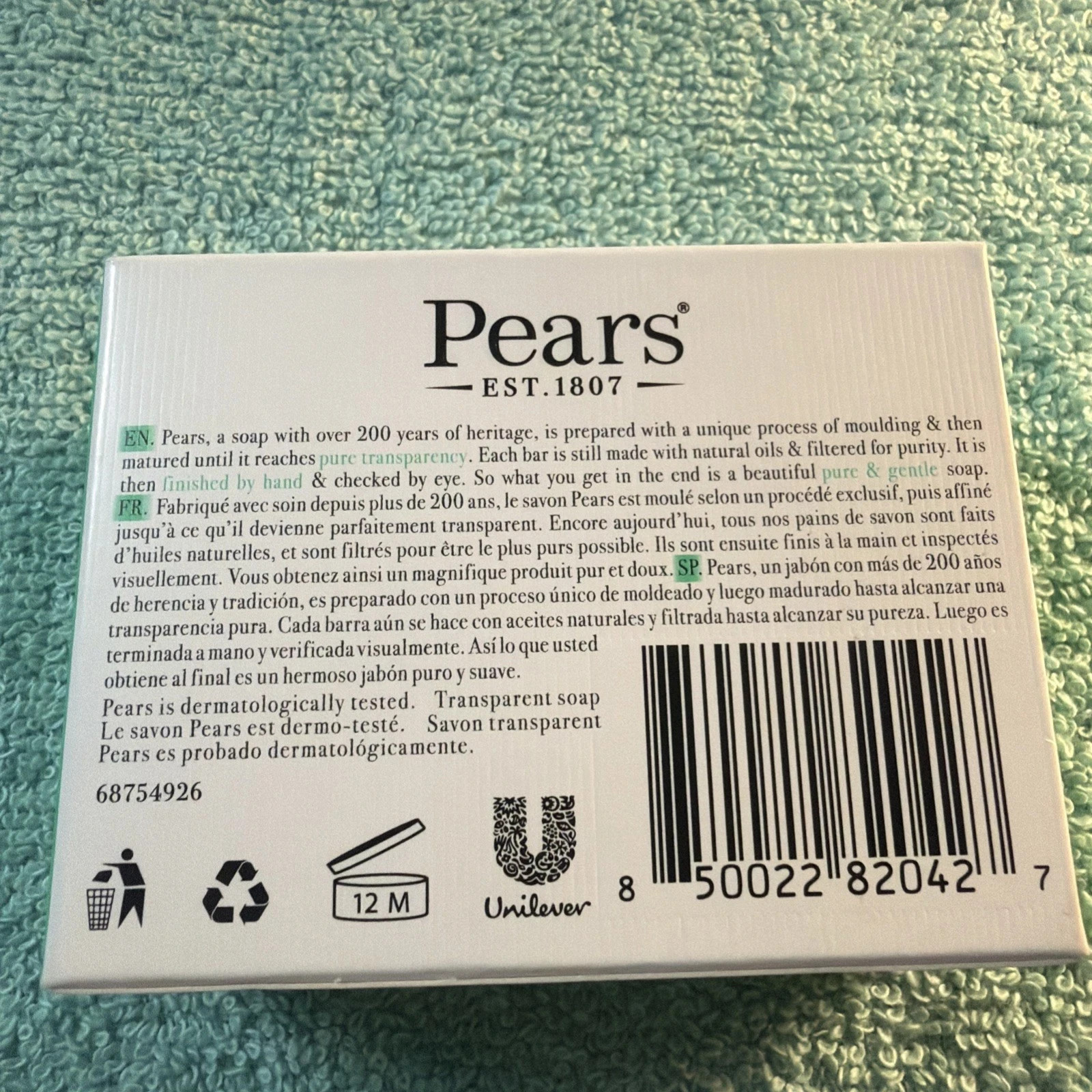 12 PEARS 100g TRANSPARENT SOAP BAR PURE & GENTLE LEMON FLOWER EXTRACTS