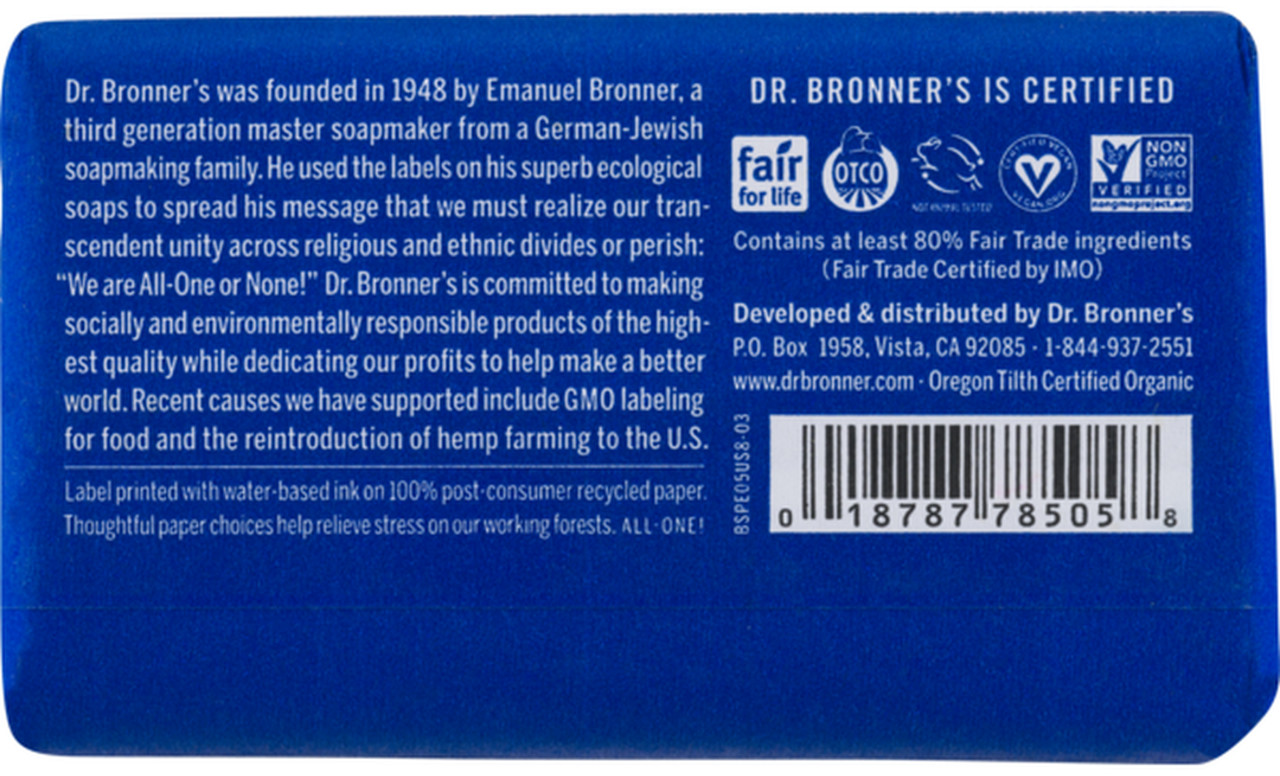 1 BAR Dr. Bronner’s All-One Hemp Peppermint Pure-Castile Bar Soap 5 oz BRONNER