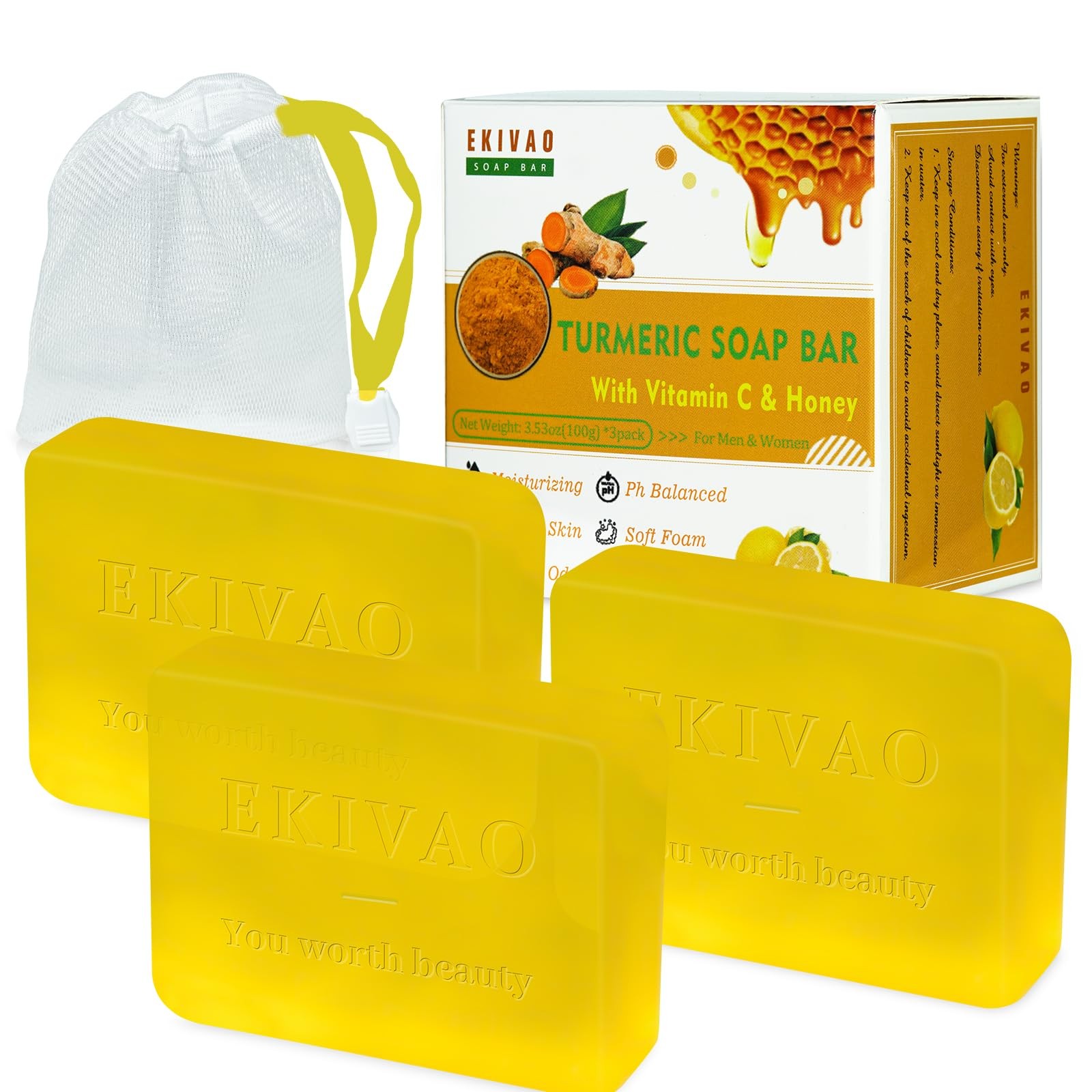EKIVAO 3Packs Best Turmeric Soap Bar, Organic 3.5 Ounce (Pack of 3), yellow