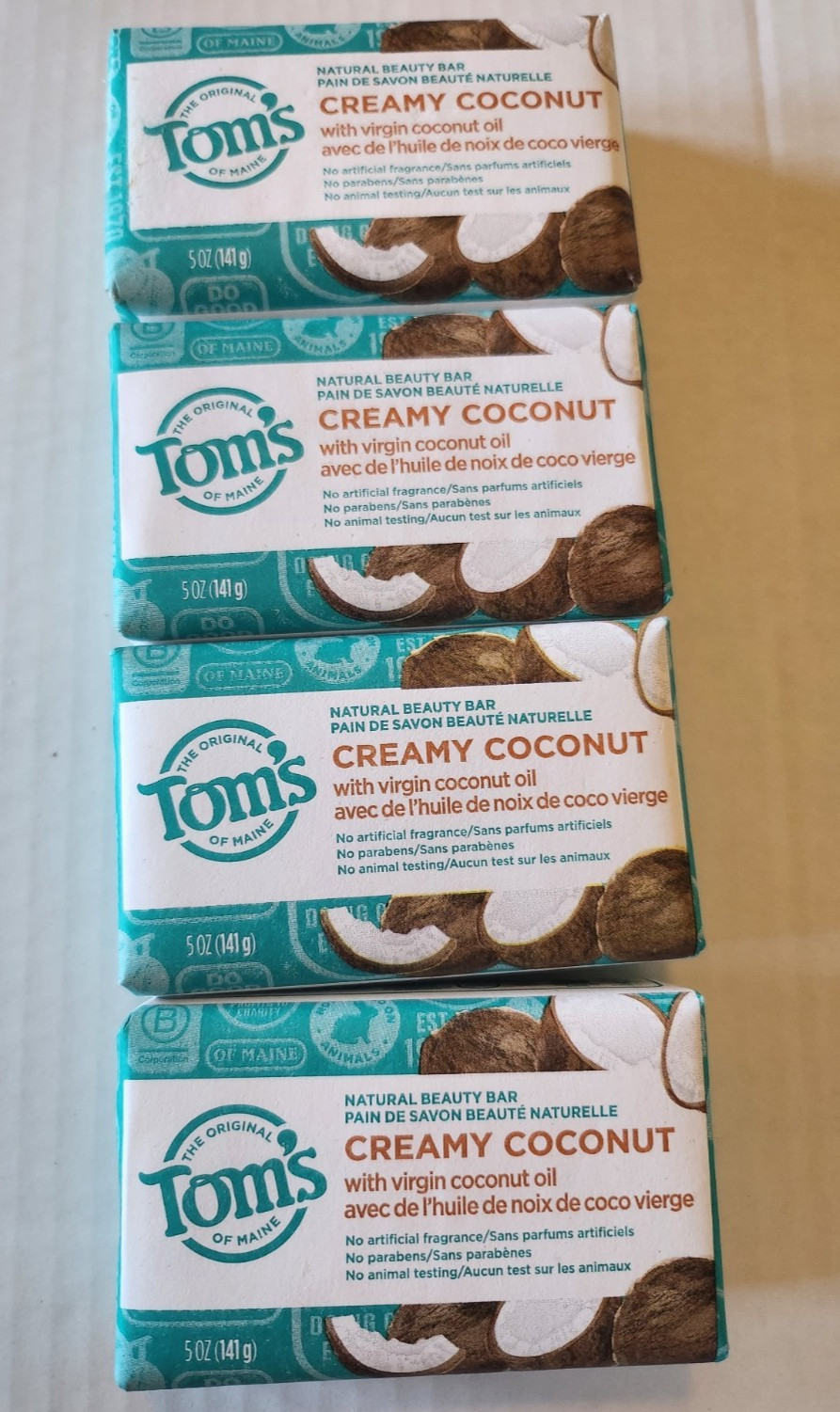 4 Pack – Tom’s of Maine Natural Beauty Bar Soap, Creamy Coconut, 5oz