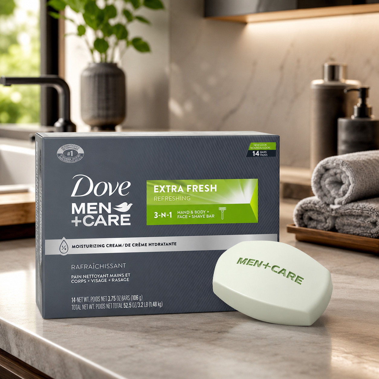 Dove Men+Care Extra Fresh Bar Soap 3-in-1 Body Face Shave 14 Bars