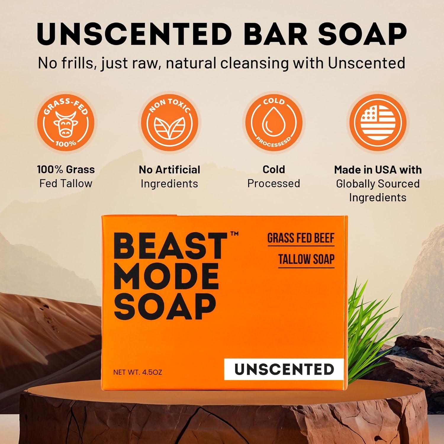 Beast Mode Soap for Men, Unscented, Single Bar – Minimal-Ingredient Grass-Fed