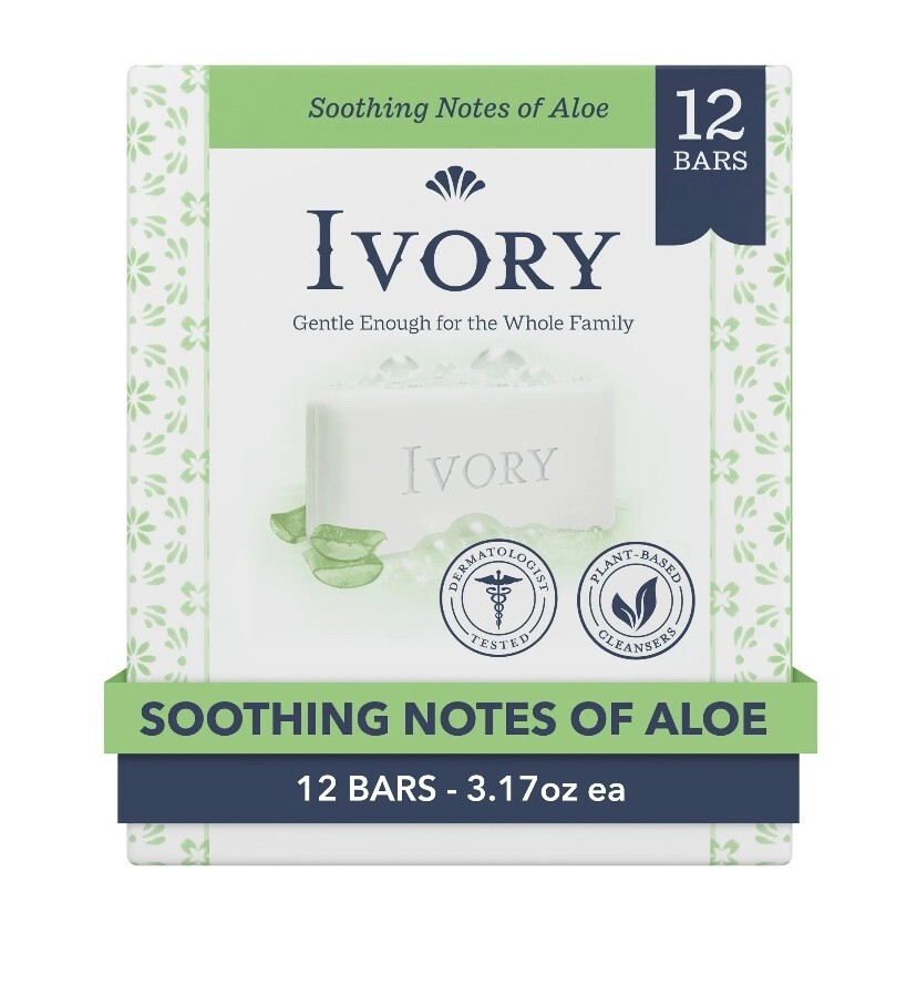 Ivory Bar Soap, soothing notes of Aloe, for All Skin Types, 12 Count, 3.17 oz