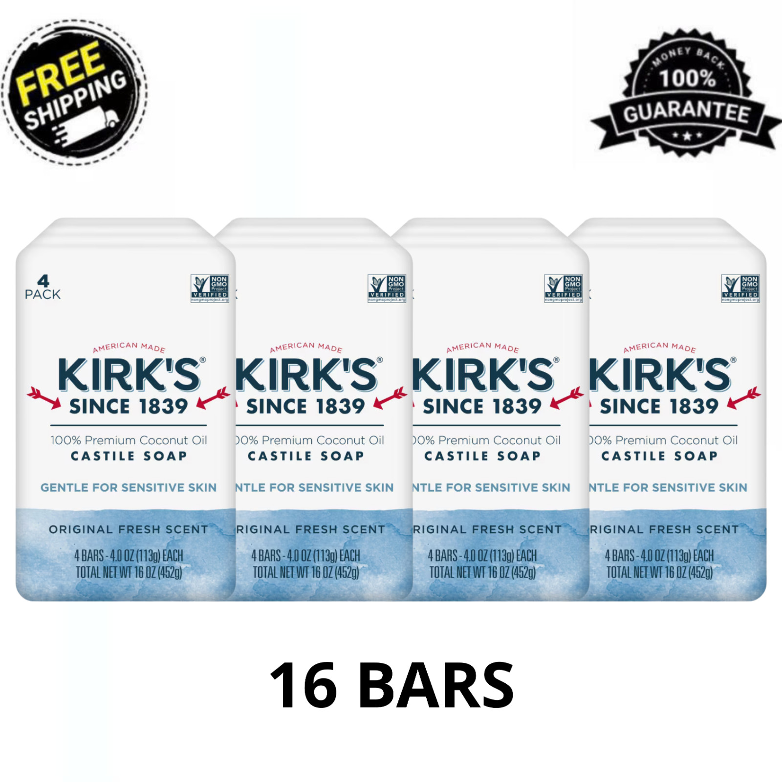Kirk’s Castile Bar Soap – Made With Premium Coconut Oil, Original Scent, 16 Bars