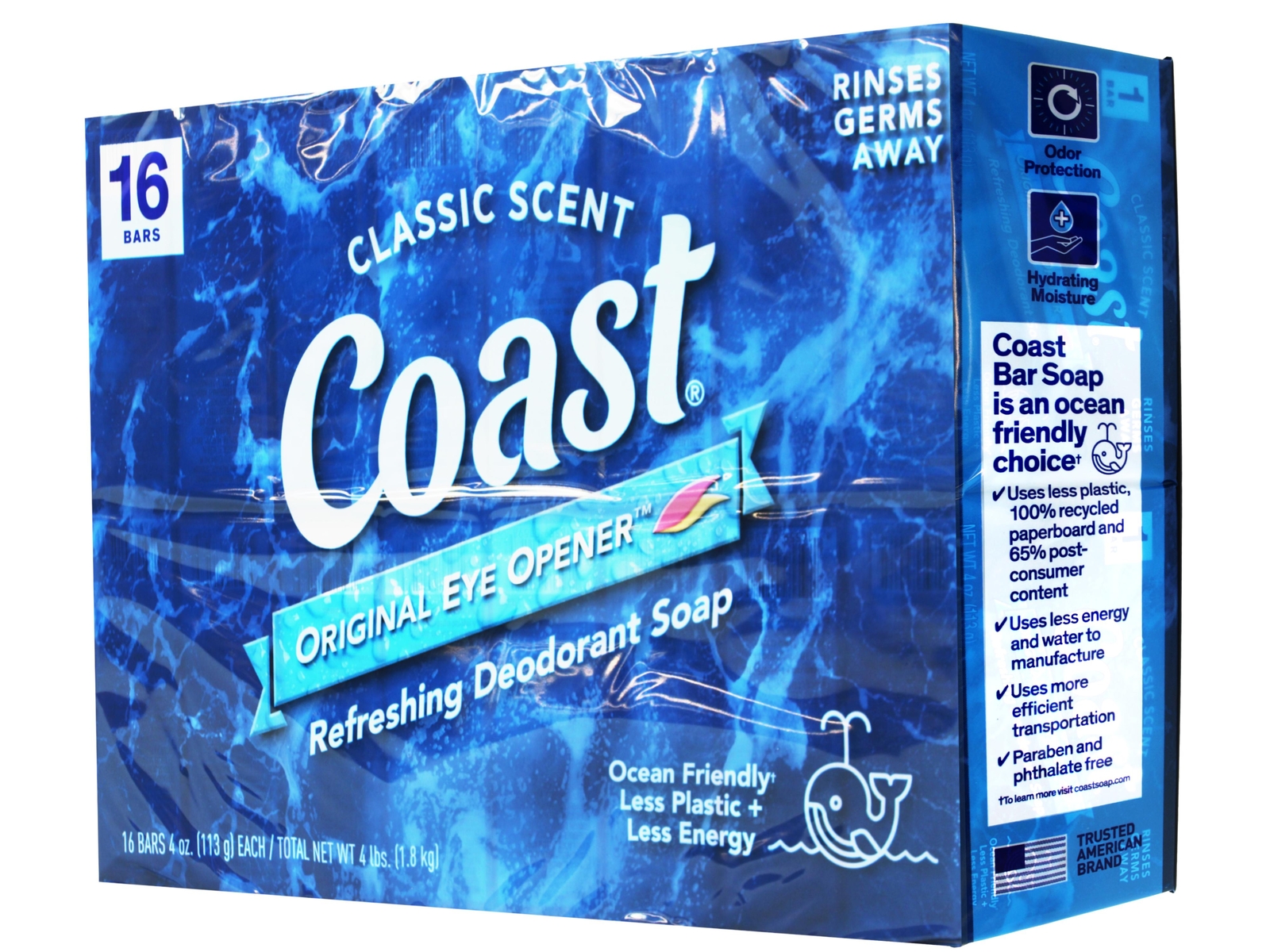 Coast Refreshing Deodorant Bar Soap Fresh, Non-Dry Skin Classic Scent 16 x 4 oz
