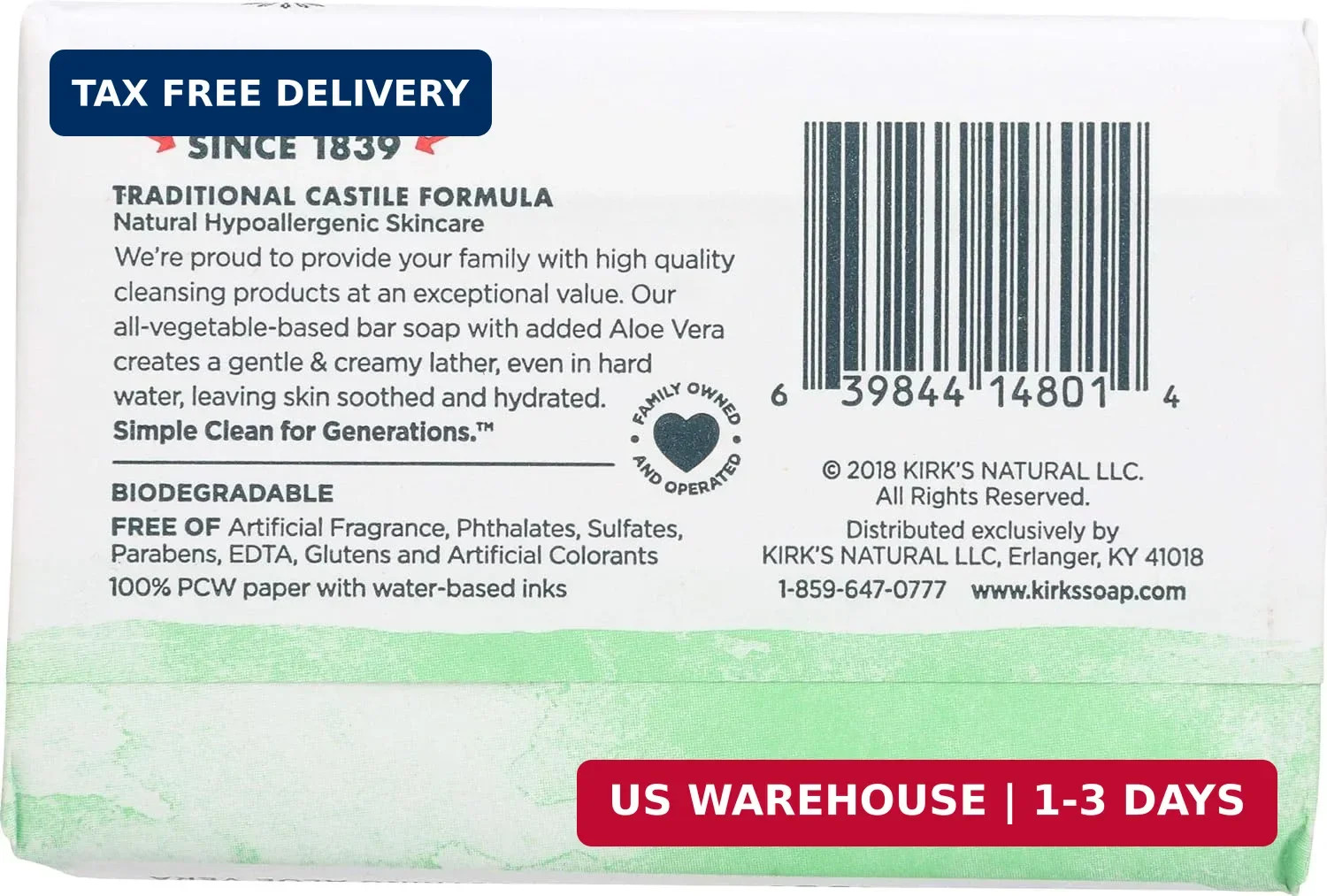 Kirk’s Original Coco Castile Bar Soap Soothing Aloe Vera, 4 Oz