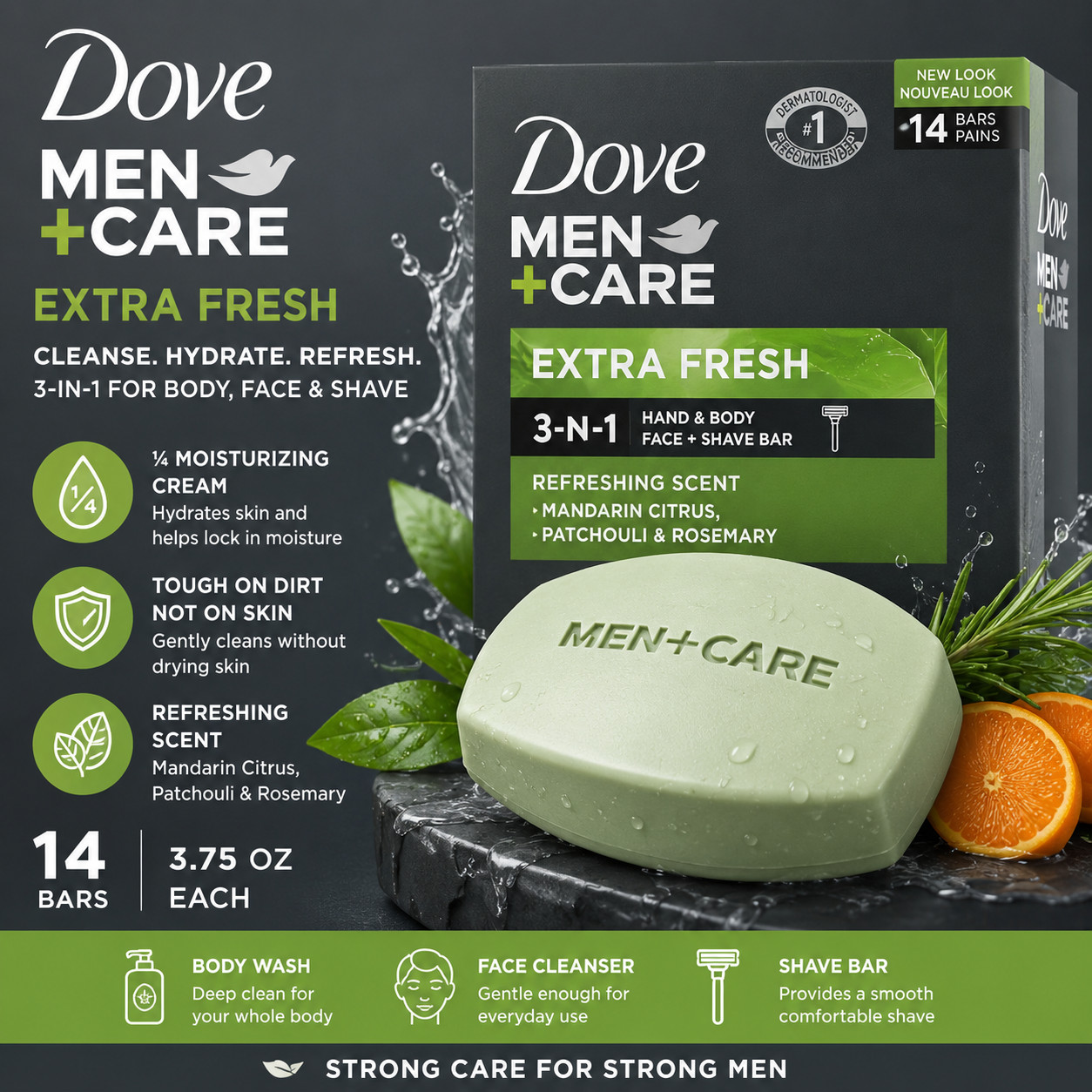 14-Bars Dove Men+Care Bar 3 in 1 Cleanser for Body, Face & Shaving 3.75 oz