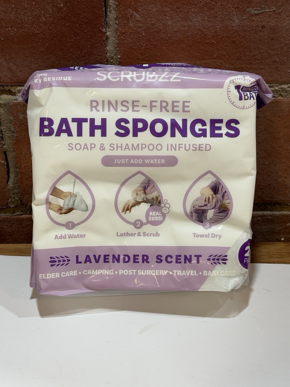 SCRUBZZ Lavender Rinse-Free Bath Sponges 25-Pack Soap & Shampoo