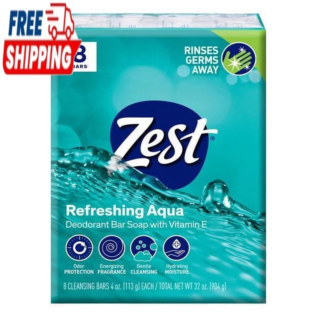 Deodorant Bar Soap, Hydrating for All Skin Types, Aqua, 4 oz, 8 Bars