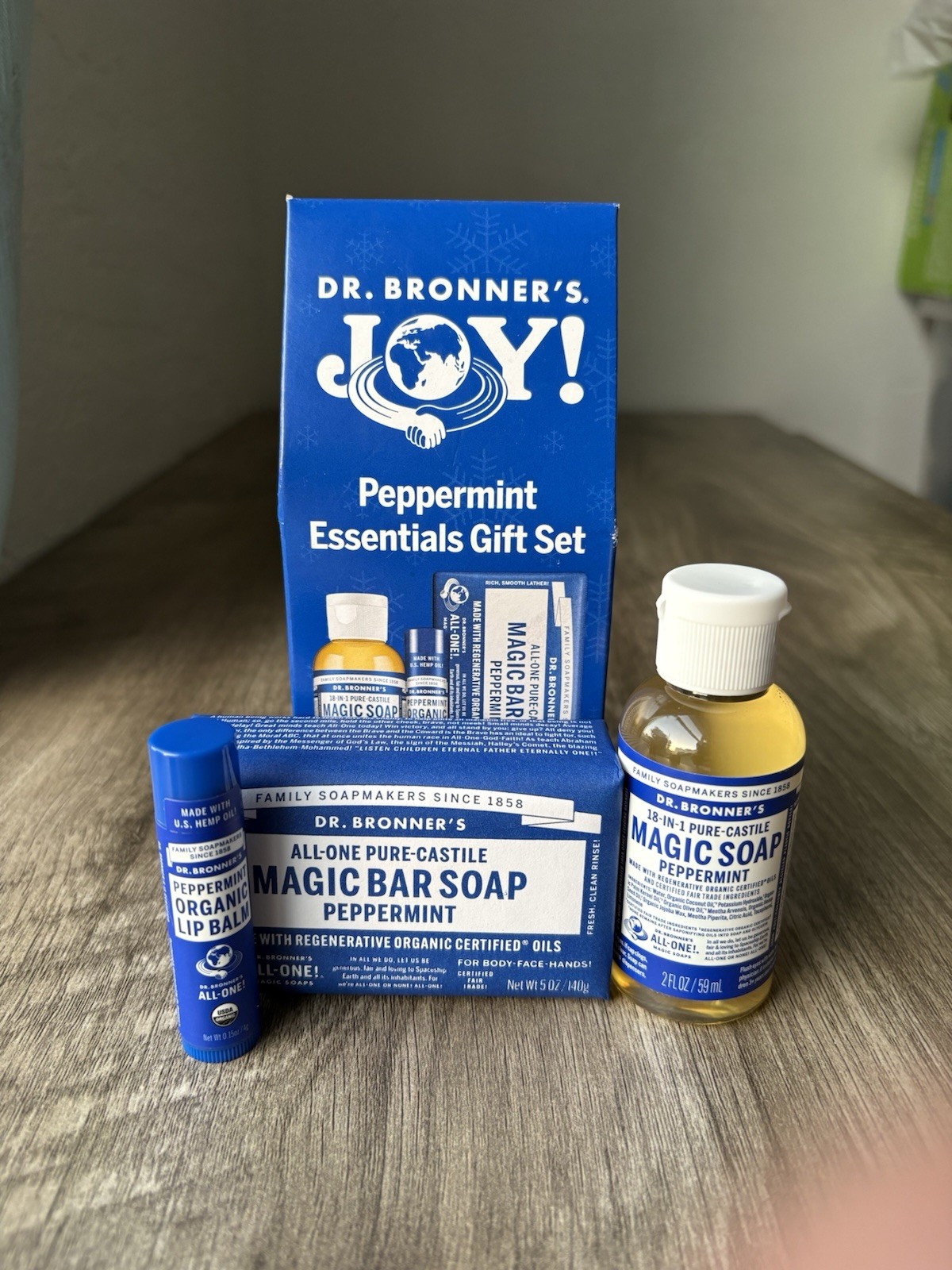 Dr. Bronner’s Peppermint Essentials Gift Set Liquid Soap, Bar Soap, Lip Balm