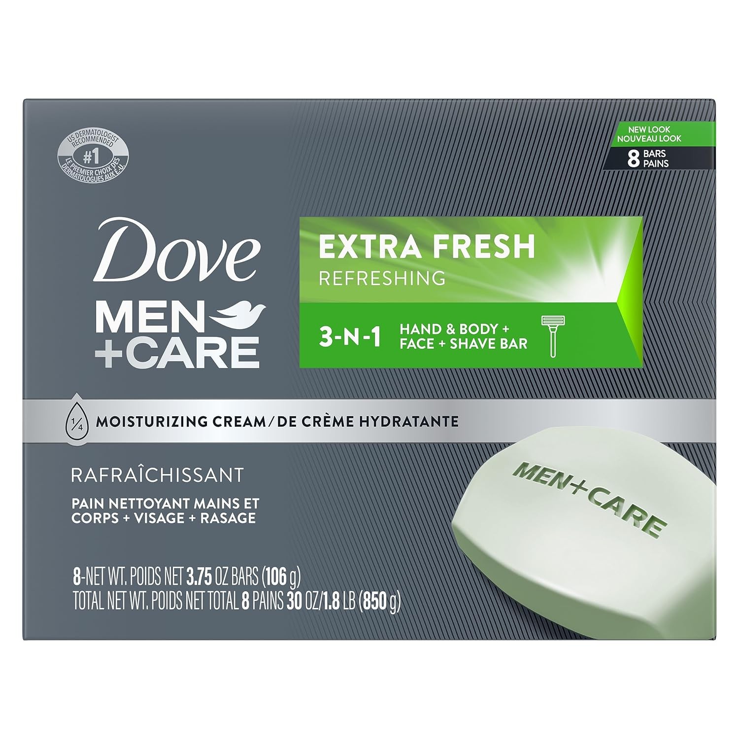 Dove Men Care 3 in 1 Bar Soap Extra Fresh Body Face Shaving 3.75 oz 8 Pack