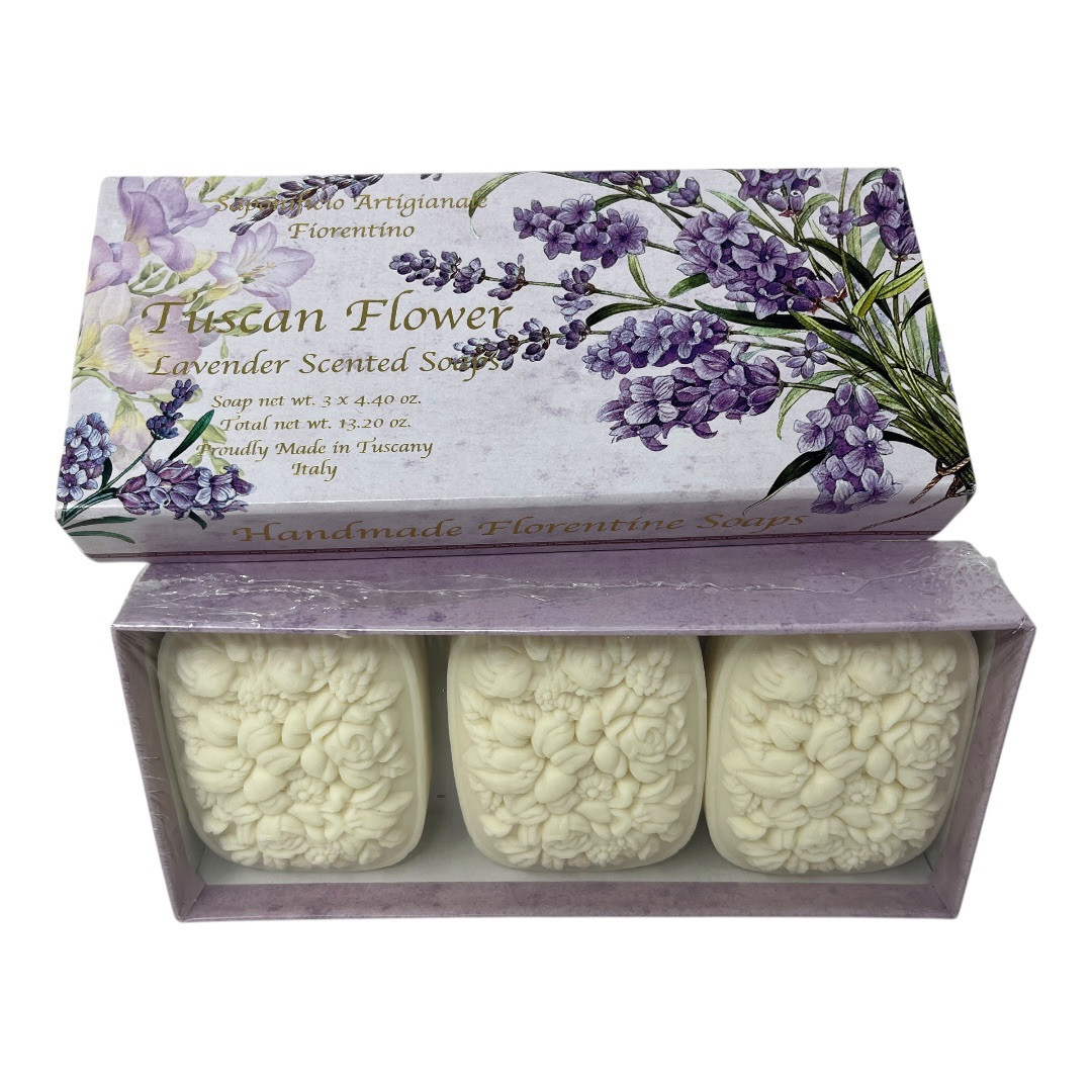 Saponificio TUSCAN FLOWER Lavender Scented Soaps Tuscany (3) 4.4 oz Italy Boxed