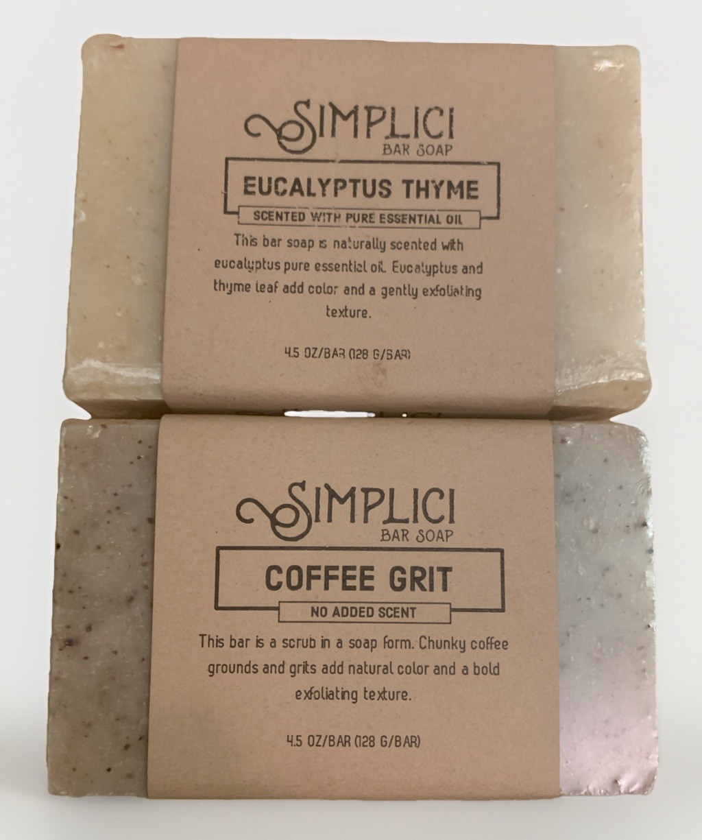 (2)Simplici Coffee Grit & Eucalyptus Thyme Bar Soap 4.50 oz (128g)X2 US made New
