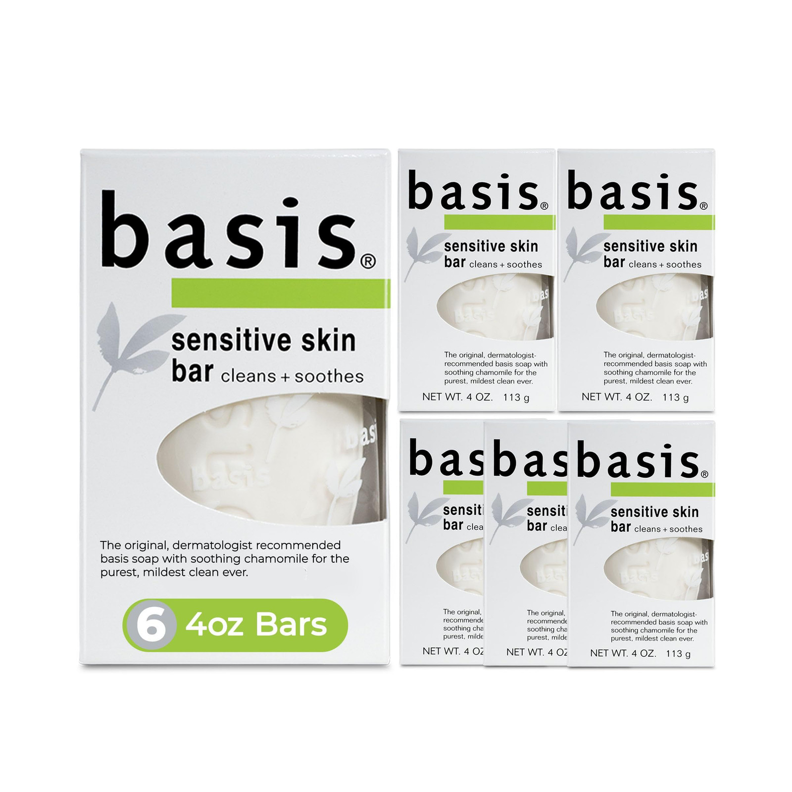 Basis Sensitive Skin Bar Soap for Body, Hands and 4 Ounce (Pack of 6), white