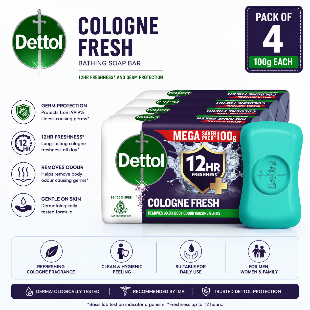 Dettol Cologne Fresh Bathing Soap 100g Pack of 4 12hr Fresh Germ Protection FS