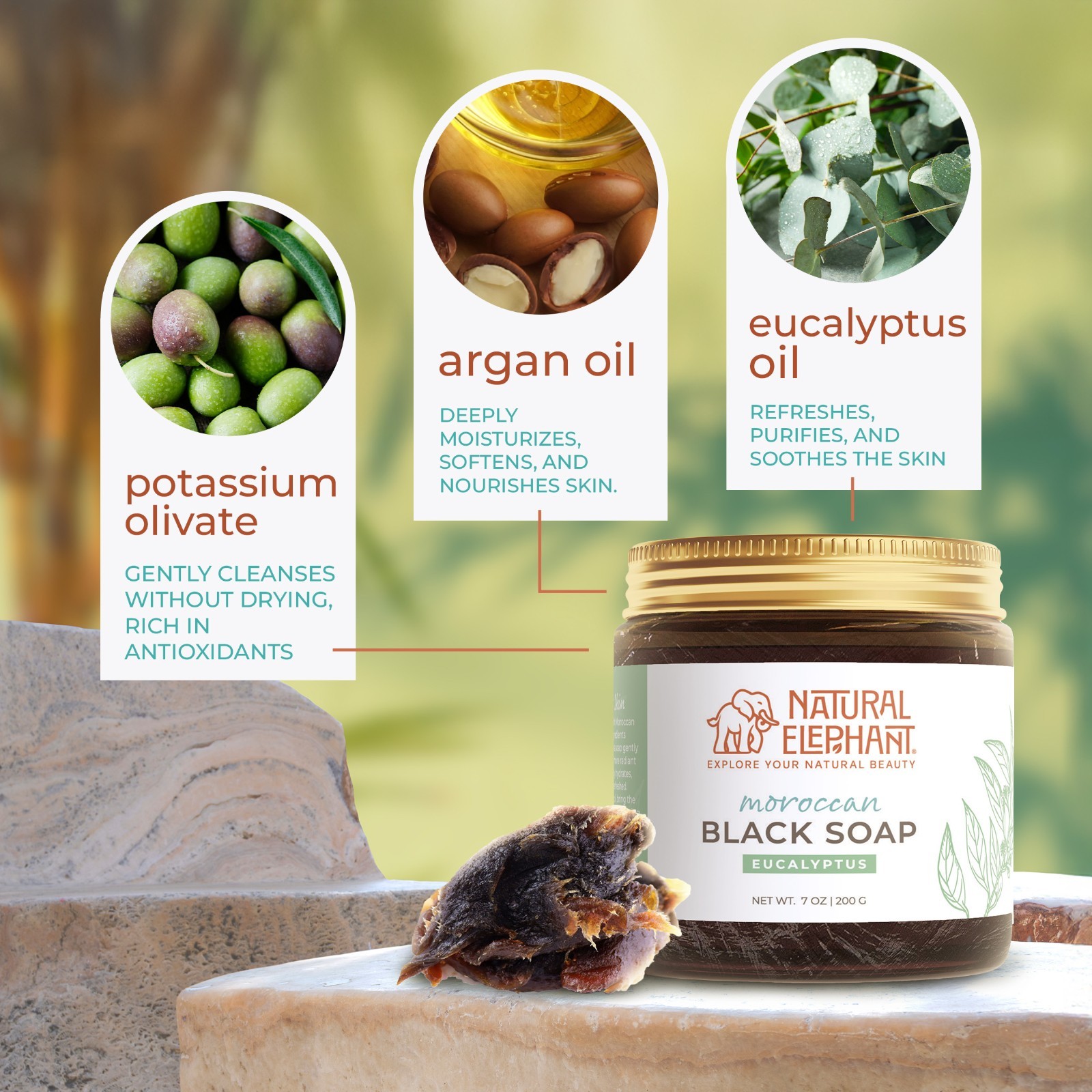 Natural Elephant Moroccan Black Soap | Eucalyptus | Travel Size 2oz