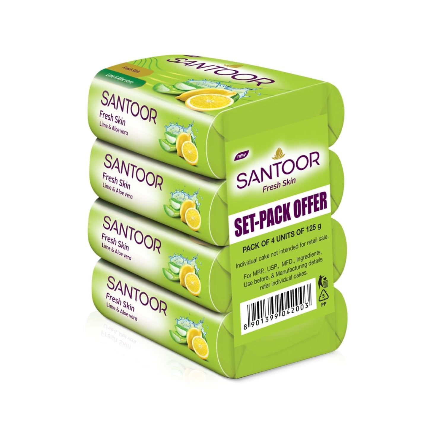 Santoor Fresh Skin Aloe Vera & Lime Bathing Soap 125g, Pack of 4 Nourishing skin