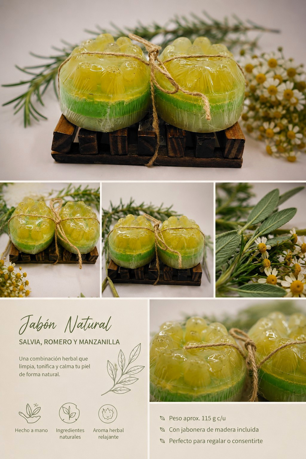 Jabón Natural Handmade Body Bar Soap Sage Rosemary Chamomile Herbal 115g