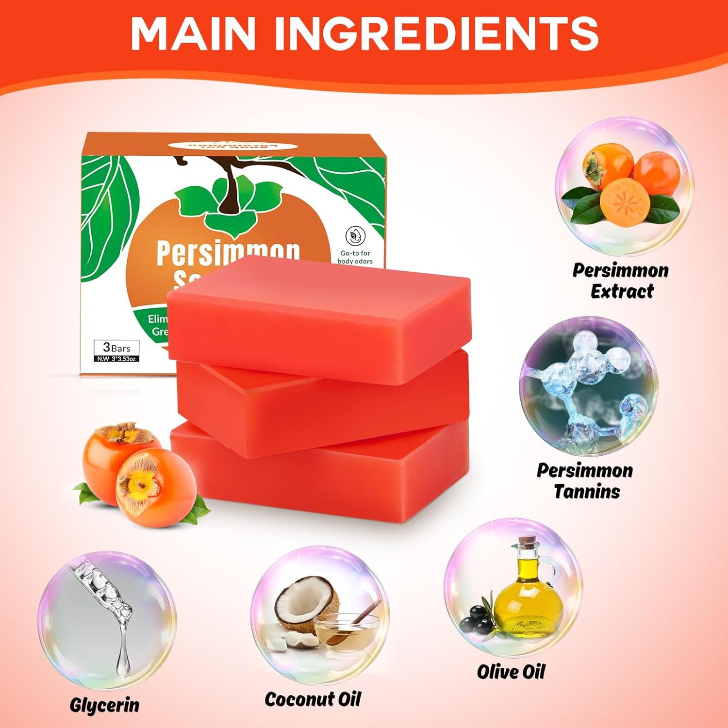 3 PCS Persimmon Soap Bar for Body Odor Control, Natural Body Bar Soap for Old Pe