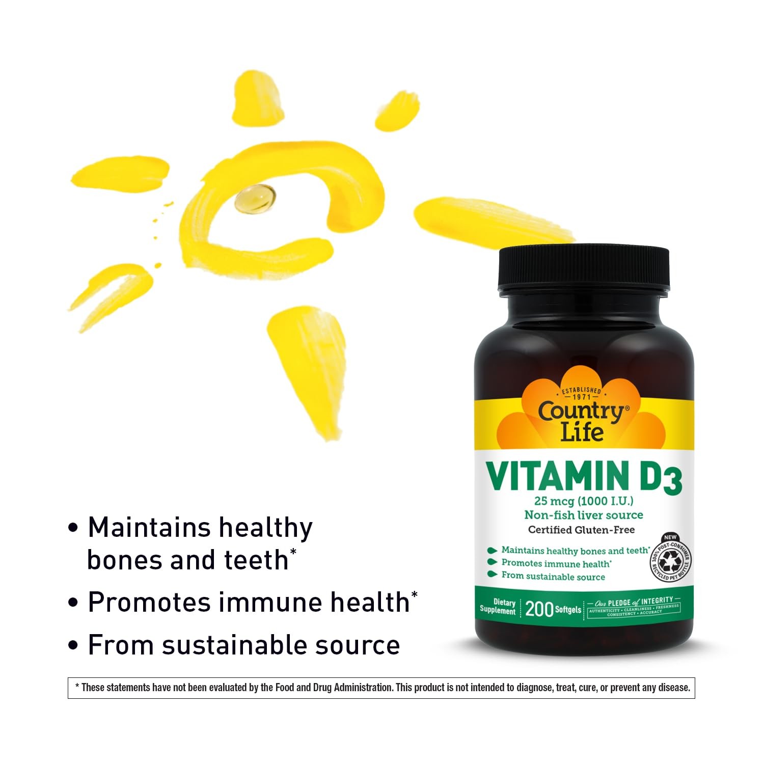 Country Life Vitamin D3 1000 IU Soft Gels, 200 Count 200 (Pack of 1)