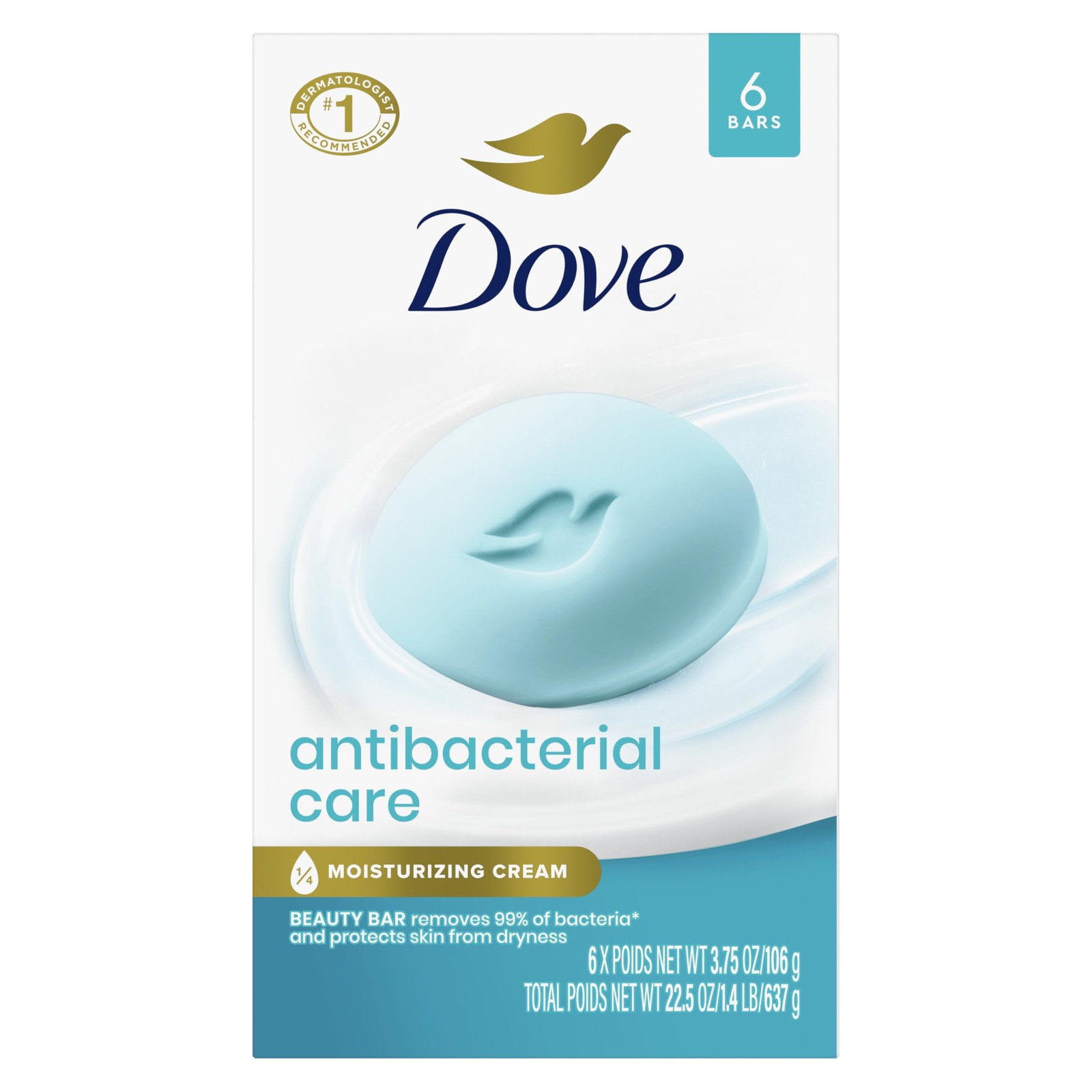 Dove Beauty Bar Soap Antibacterial Care 6 Count 3.75 Ounce (Pack of 6), White