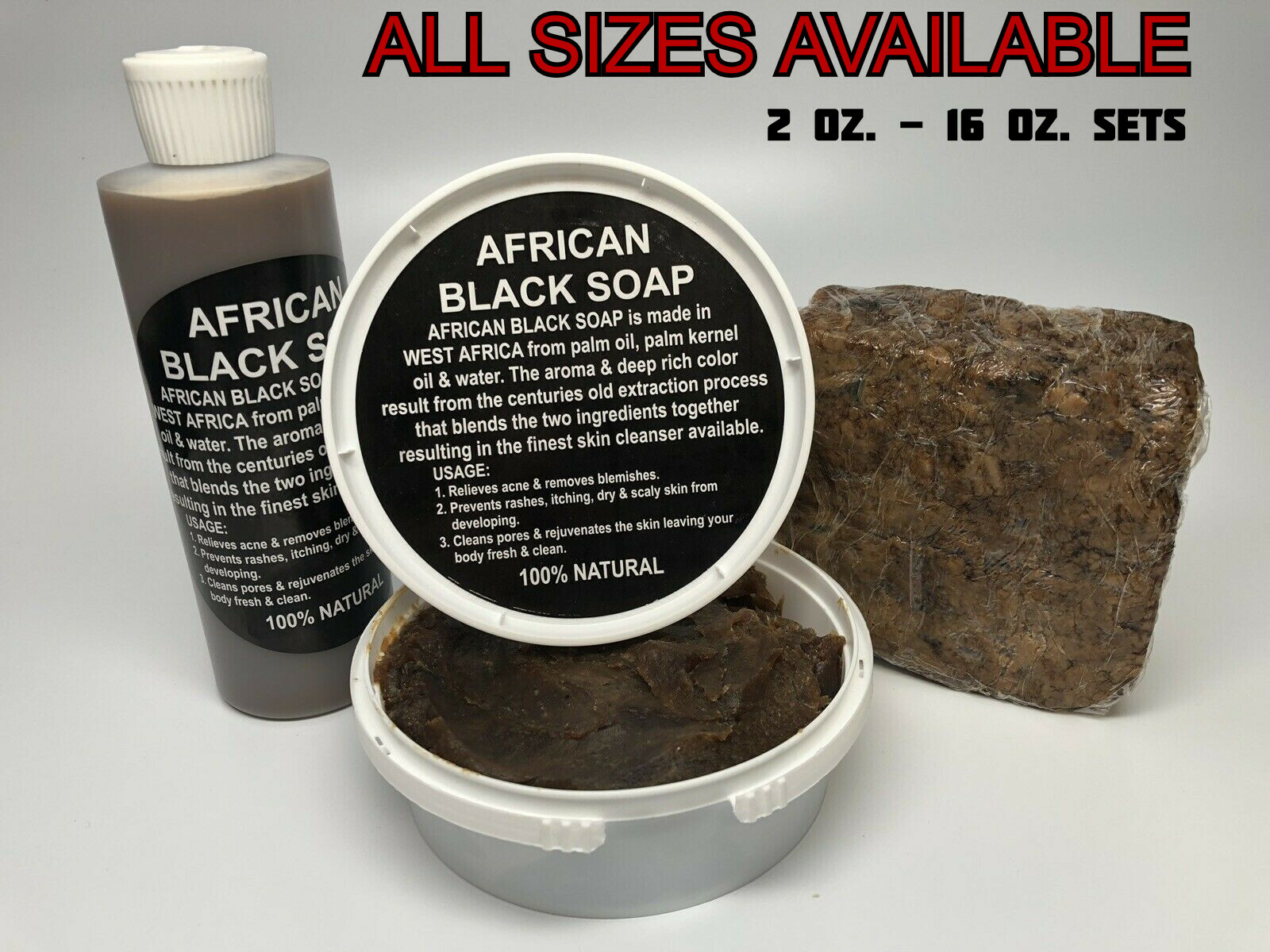 Raw African Black Soap Liquid Paste – Pure Natural Organic Body 3PC BUNDLE SET