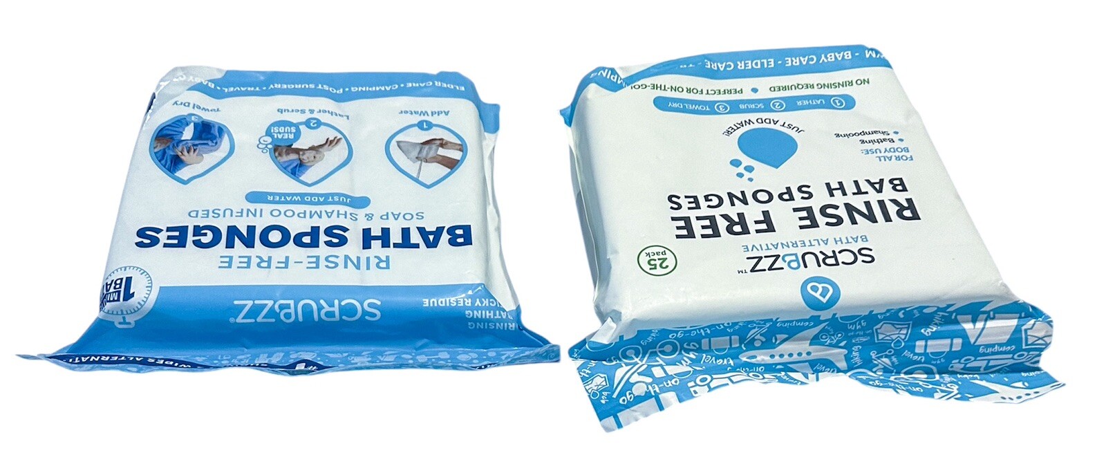 2 Packs – 25 Ct Scrubzz Rinse Free Bath Bathing Shampoo Sponge Wipes Single Use