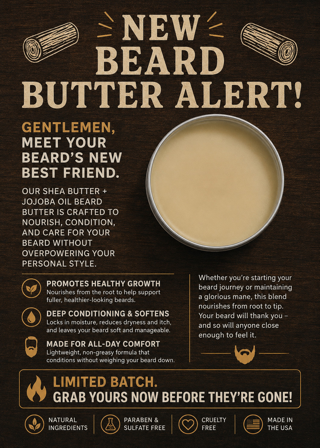 All-Natural Beard Butter for Men – Shea Butter & Jojoba Oil Beard Conditioner