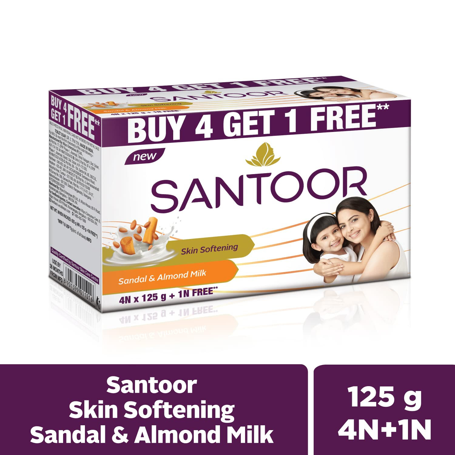 5No. Santoor Sandalwood and Almond milk Organic Soft Bath Soap 125g -Free Ship