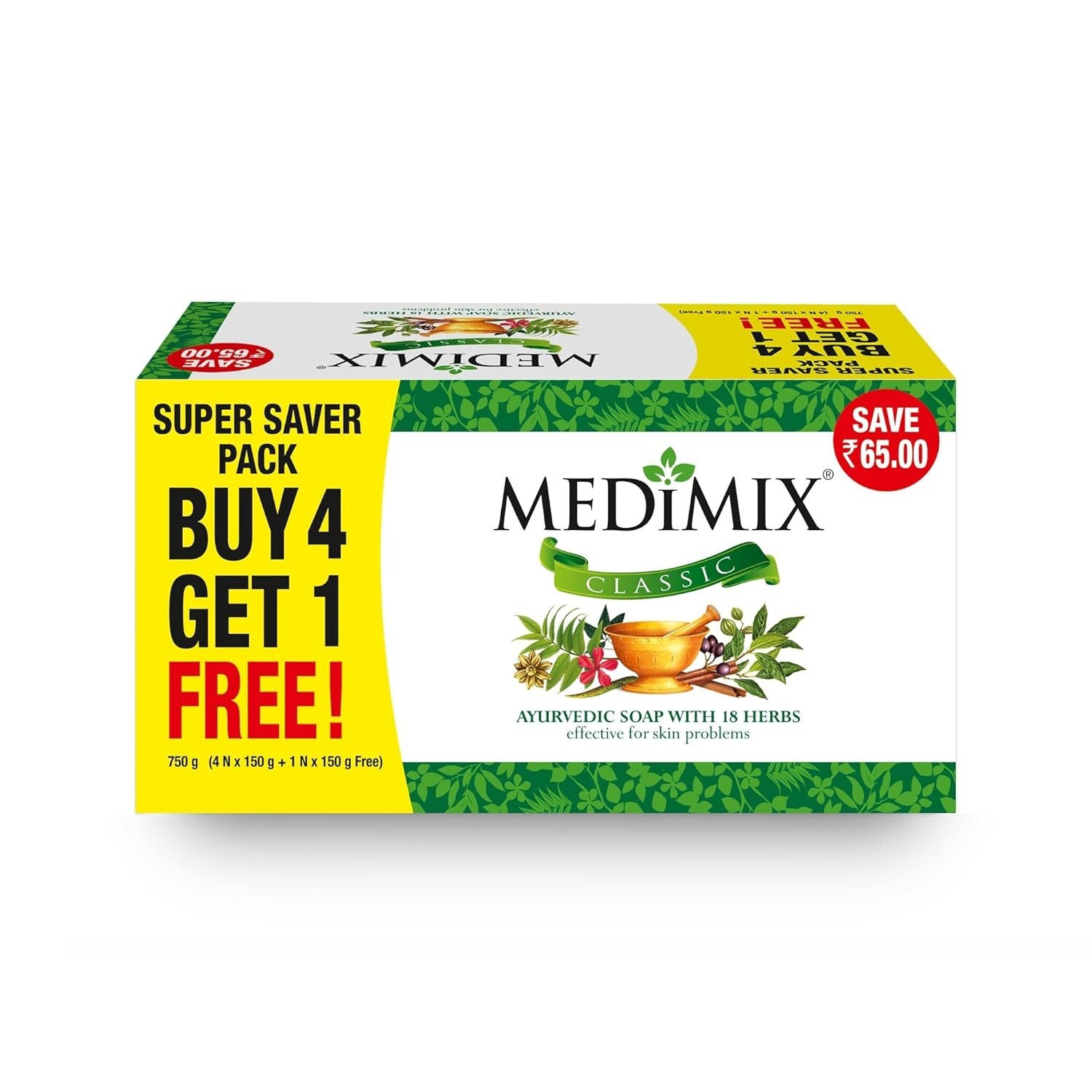 Medimix Classic Ayurvedic Soap with 18 Herbs 150g Buy 4 Get 1 (Pack of 5)