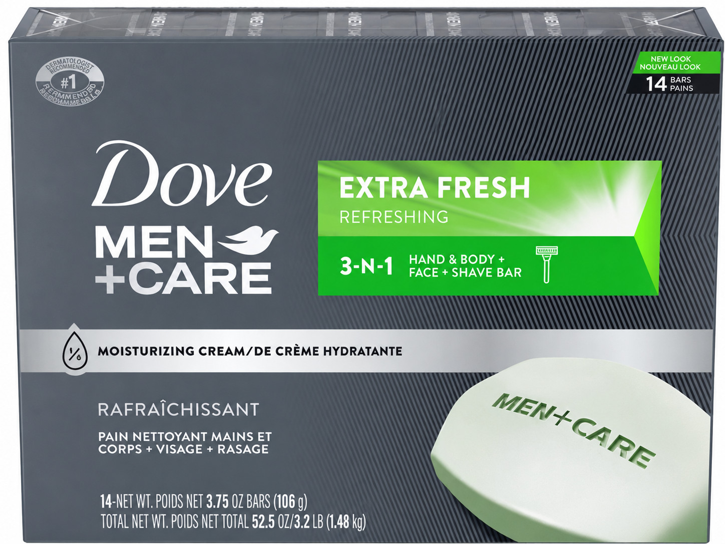 Dove Men + Care Body and Face Bar Soap, Extra Fresh Scent 3.75 oz – 14 Count