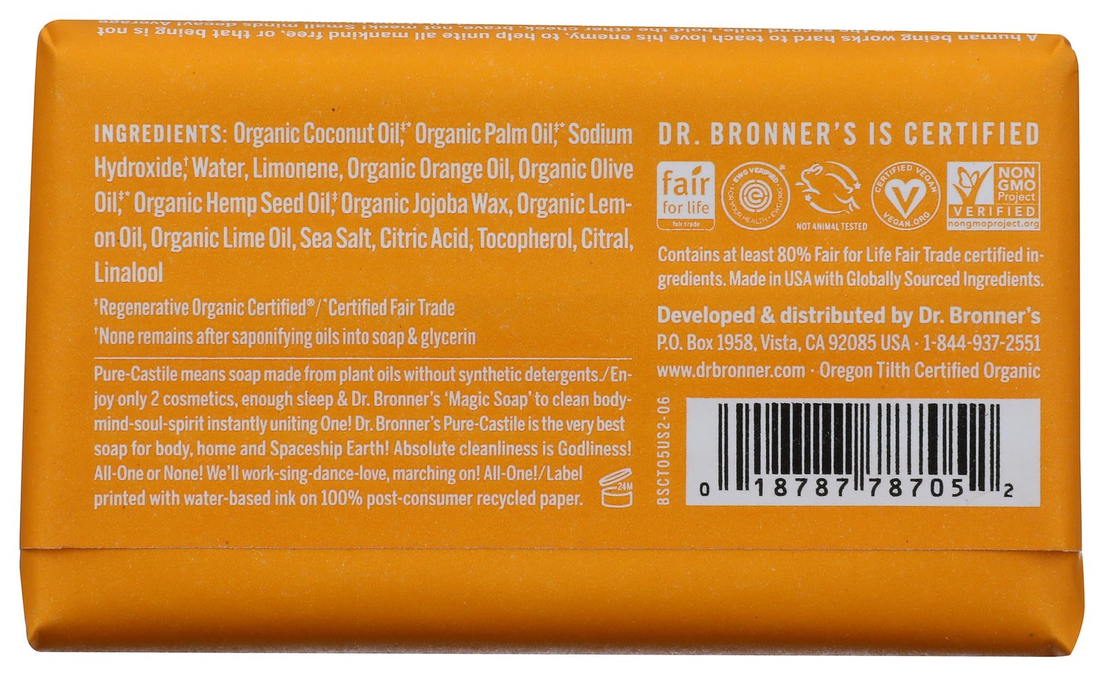 Dr Bronner’s All One Hemp Citrus Orange Pure Castile Bar Soap 5 Oz Vegan Organic