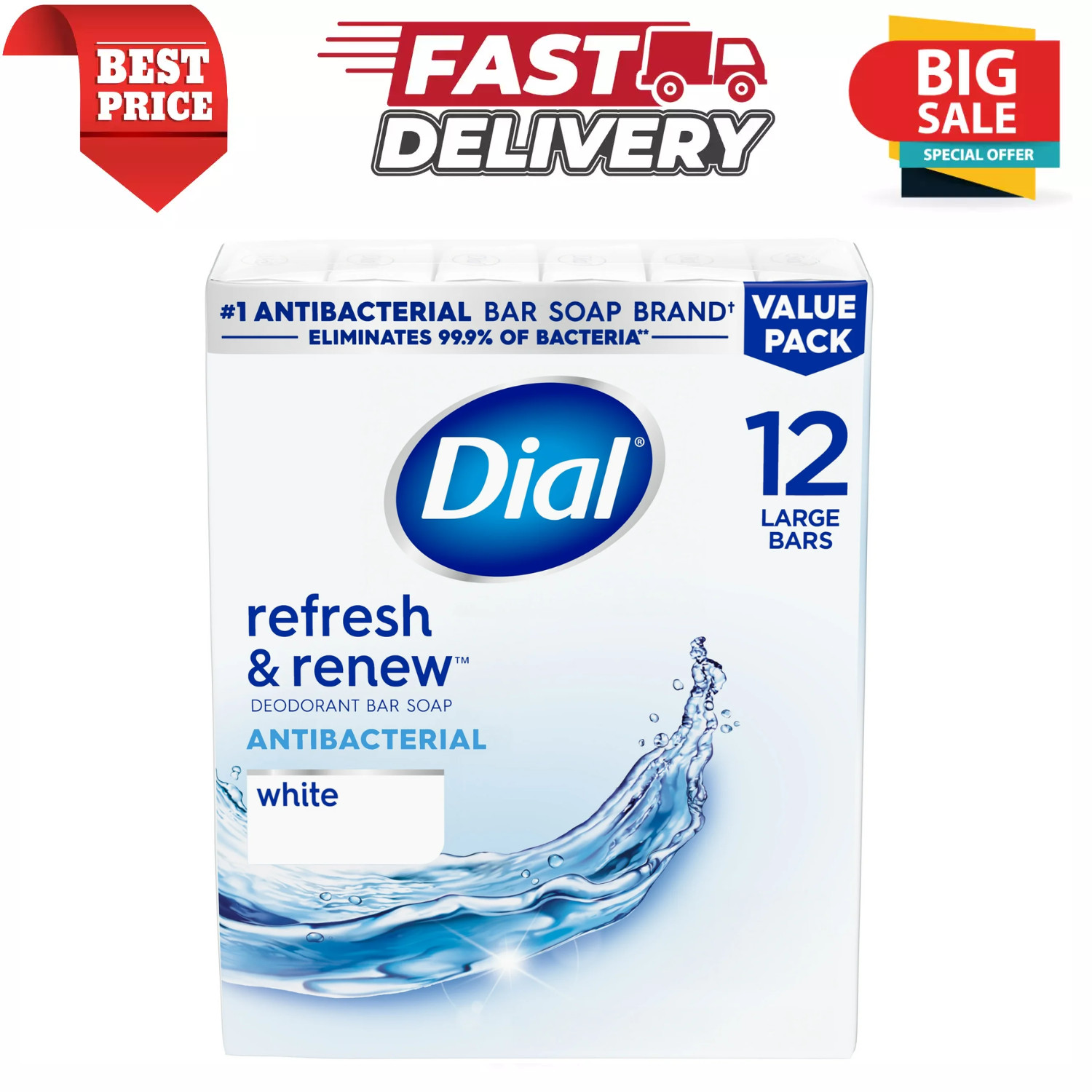Dial Antibacterial Bar Soap, Refresh & Renew, White, 4 oz, 12 Bars