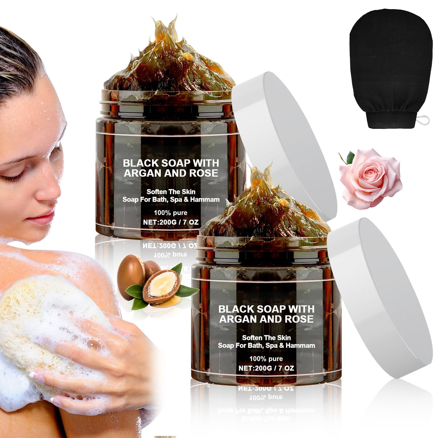 Morocco Black Soap with Argan and Rose, Morocco Black Beldi Bar Exfoliating Soap
