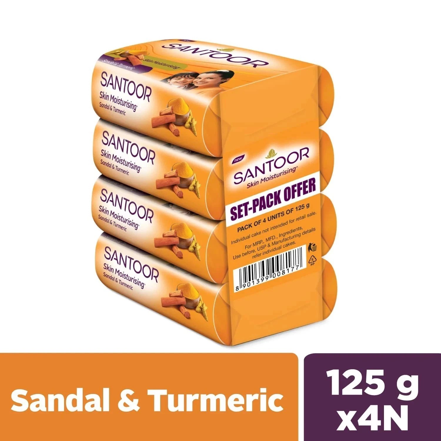 Santoor Sandal & Turmeric Soap 125g × 4 • Natural Glow & Skin Nourishment