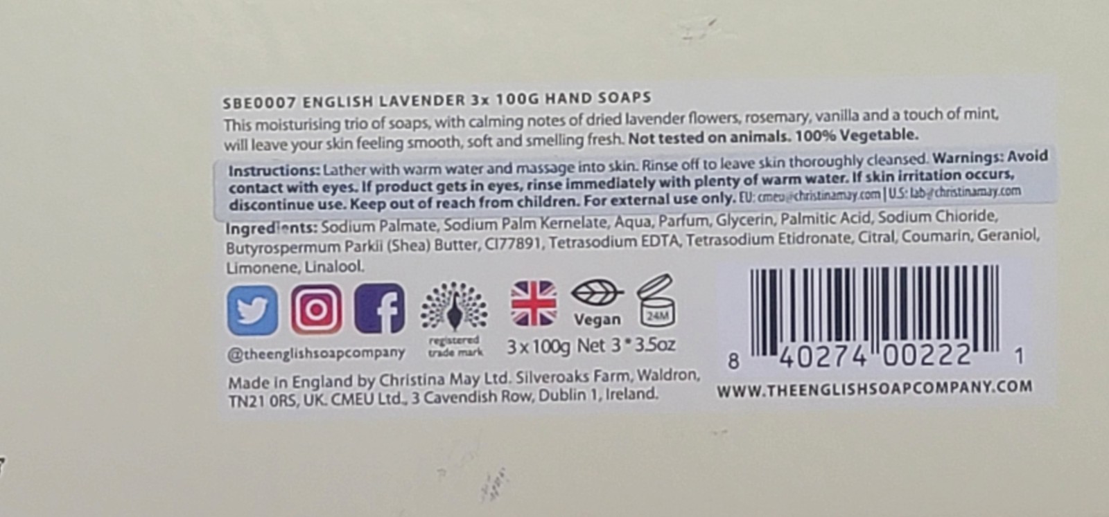 Shea Butter Soap Gift Set 3 x 3.5oz Bars Lavender , Vegan Made in England NIB