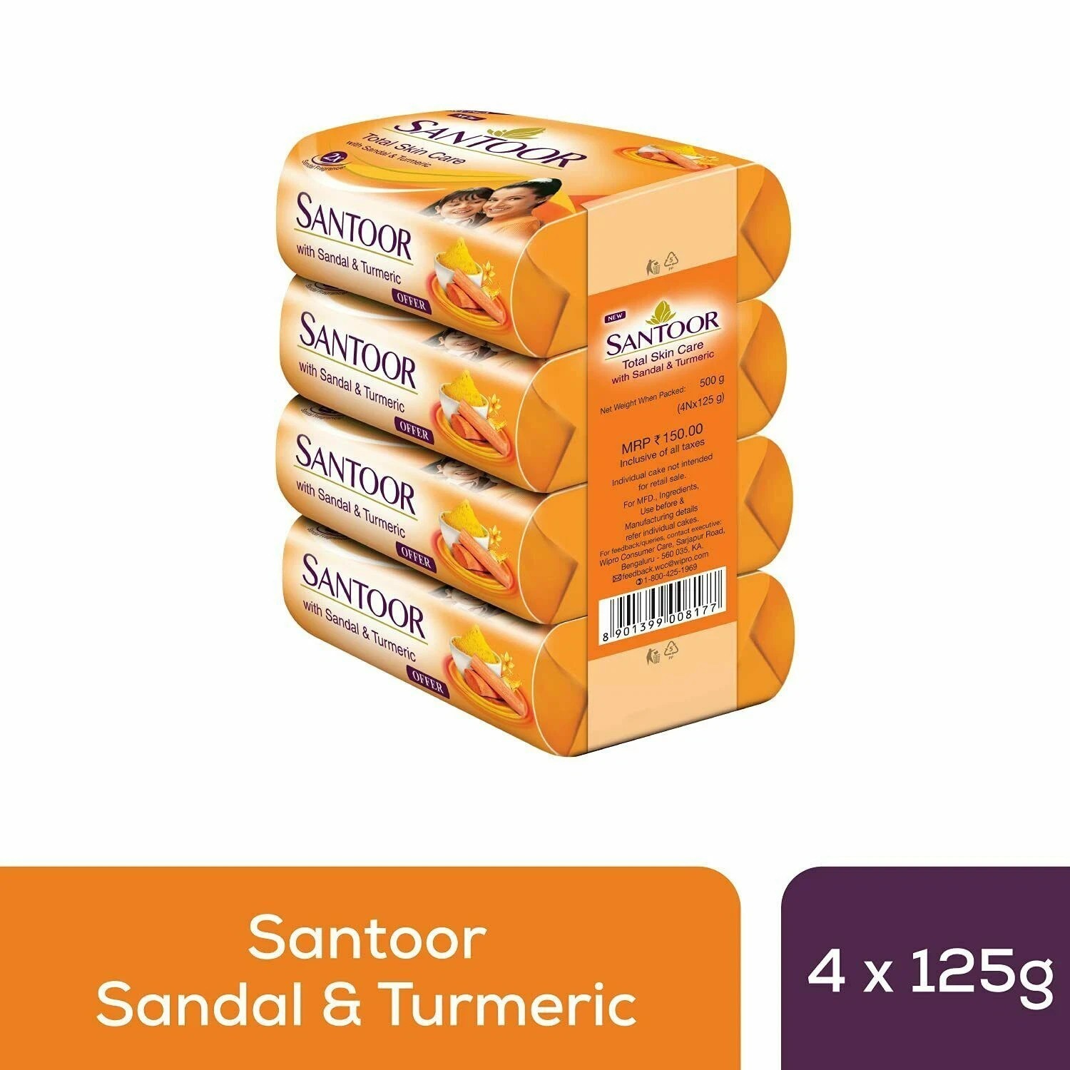 Santoor Sandalwood and Turmeric Bath Soap for Younger Looking and Glowing 125gx4