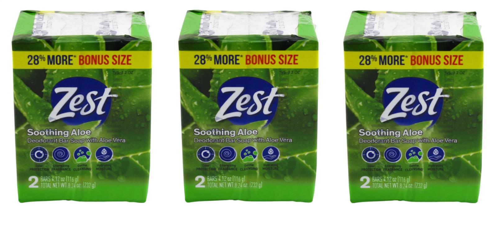 BL Zest Bath Bars 4.12oz each 2 Count Pack Aloe Bonus Size *Three Packages*