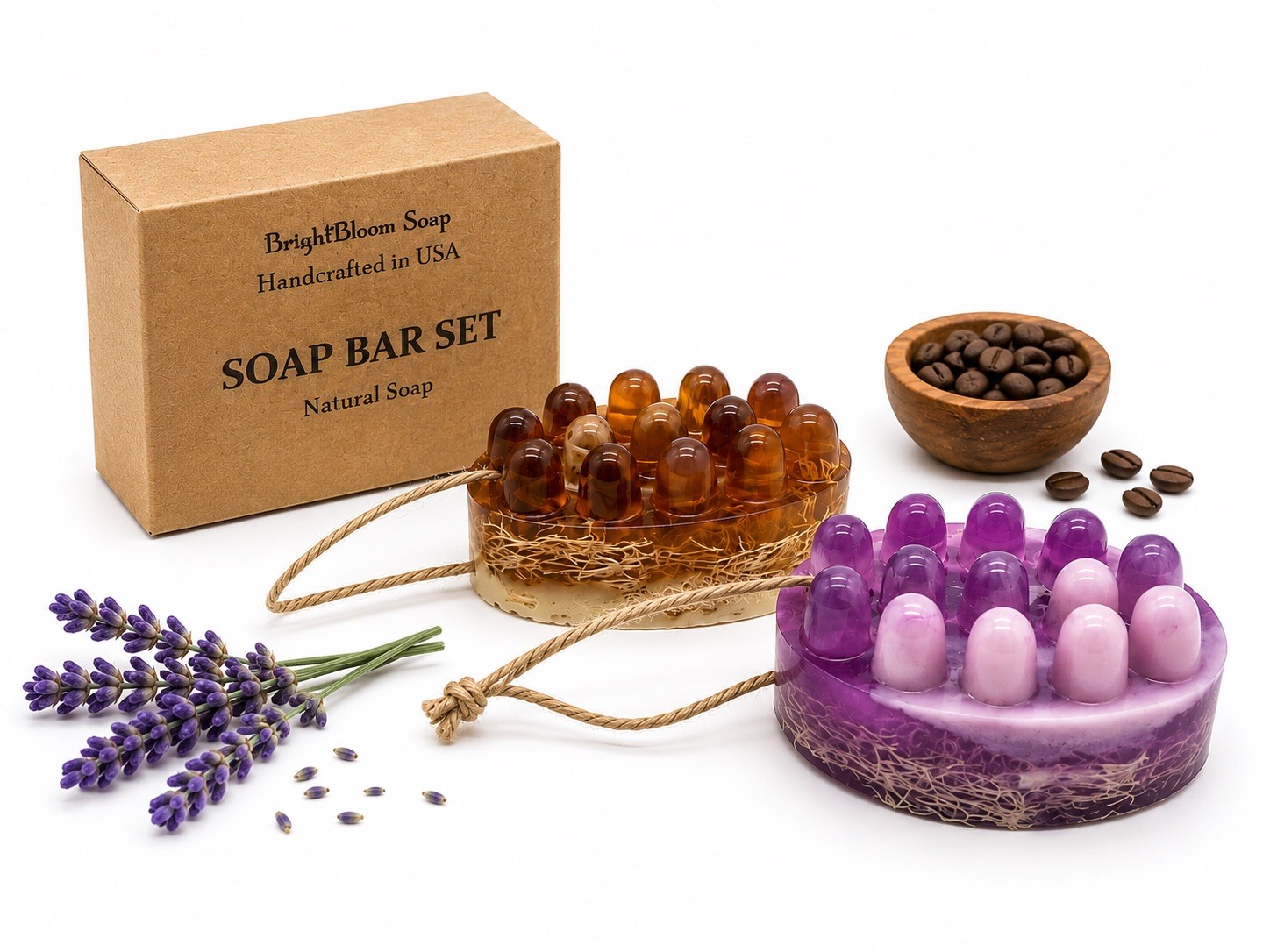 Loofah Soap Bar Set – Lavender & Coffee Massage Soap – Natural Handmade Spa Gift