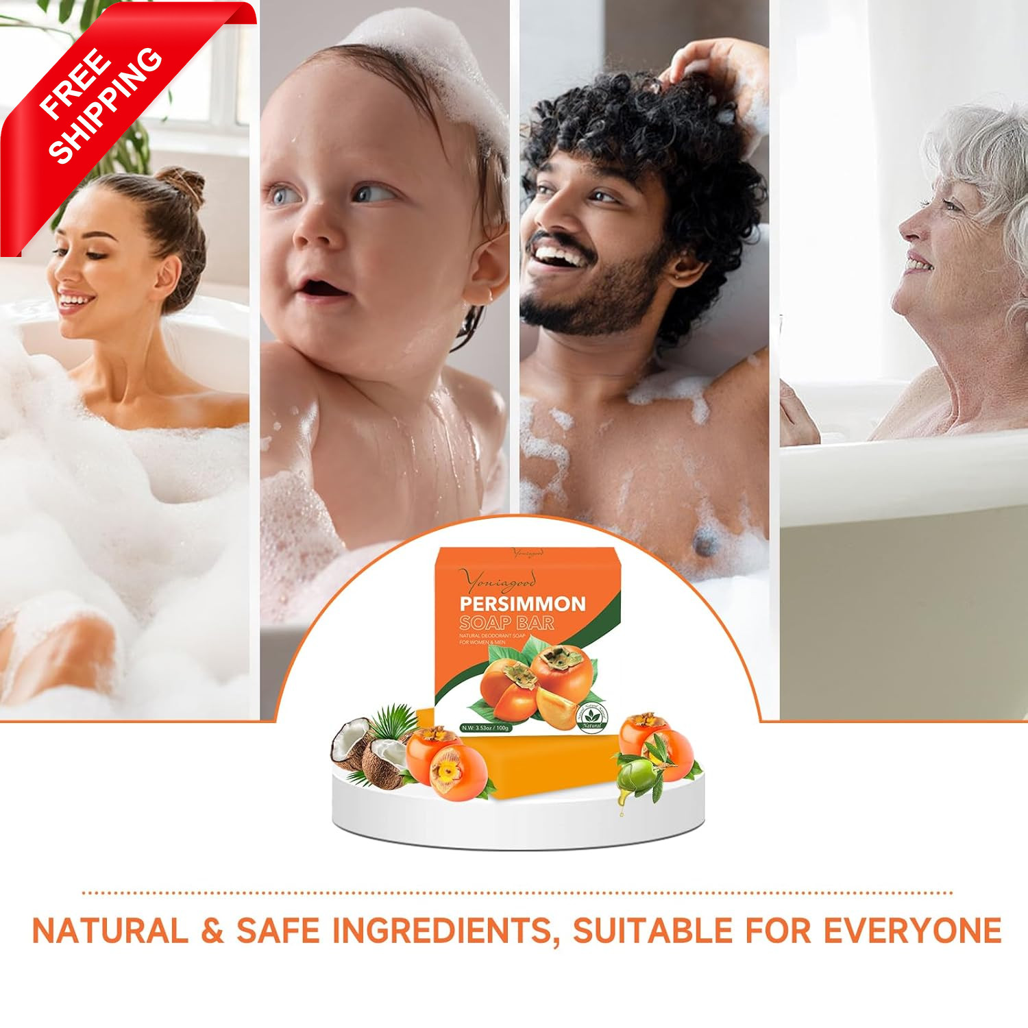 3 PCS Persimmon Soap Bar for Body Odor Control, Natural Refreshing Body Bar Soap
