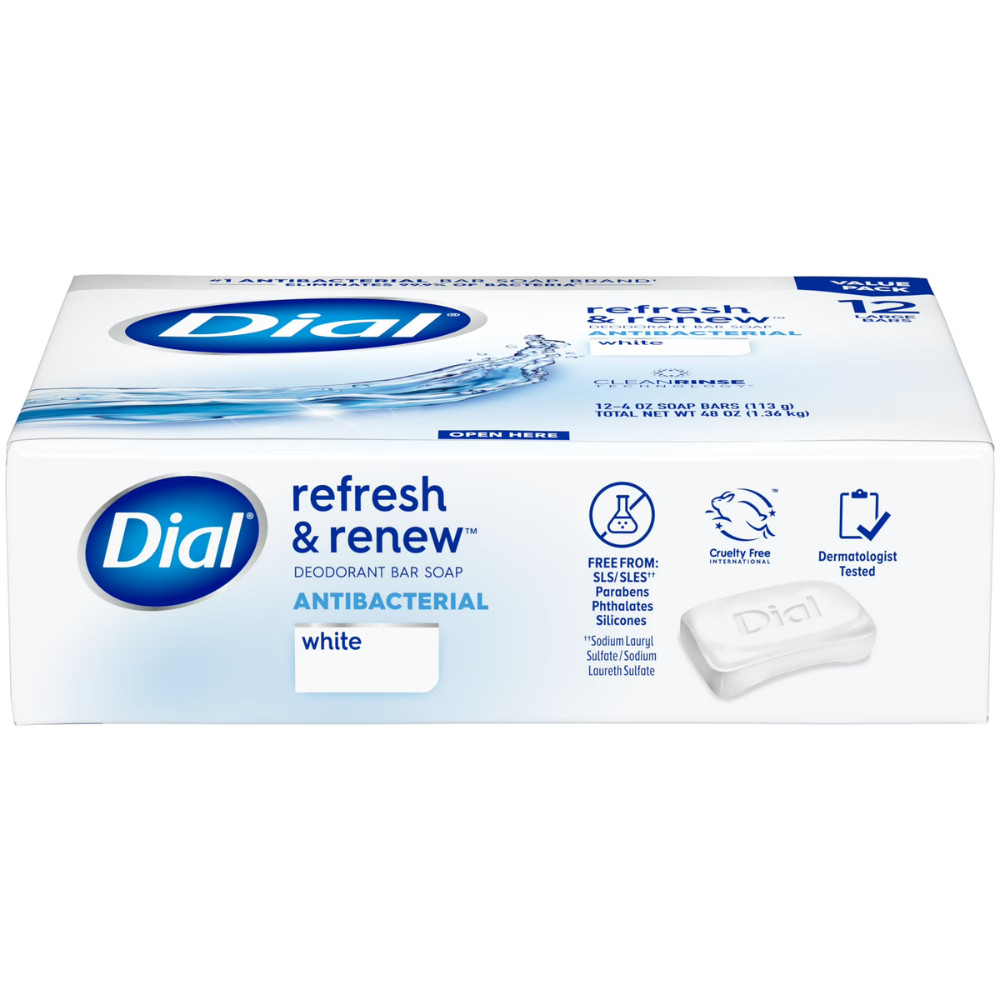 Dial Antibacterial Bar Soap, Refresh & Renew White Deodorant Bar, 4 oz, 12 Bars