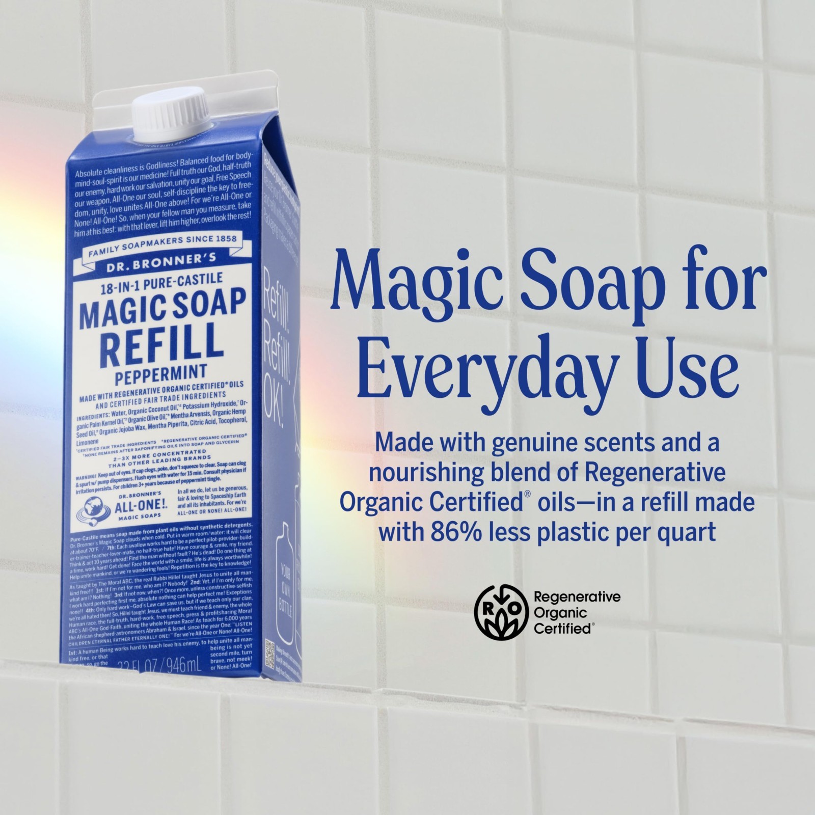 Pure-Castile Liquid Soap Refill – Organic, 18-in-1 Uses, Peppermint, 32oz, Eco-F