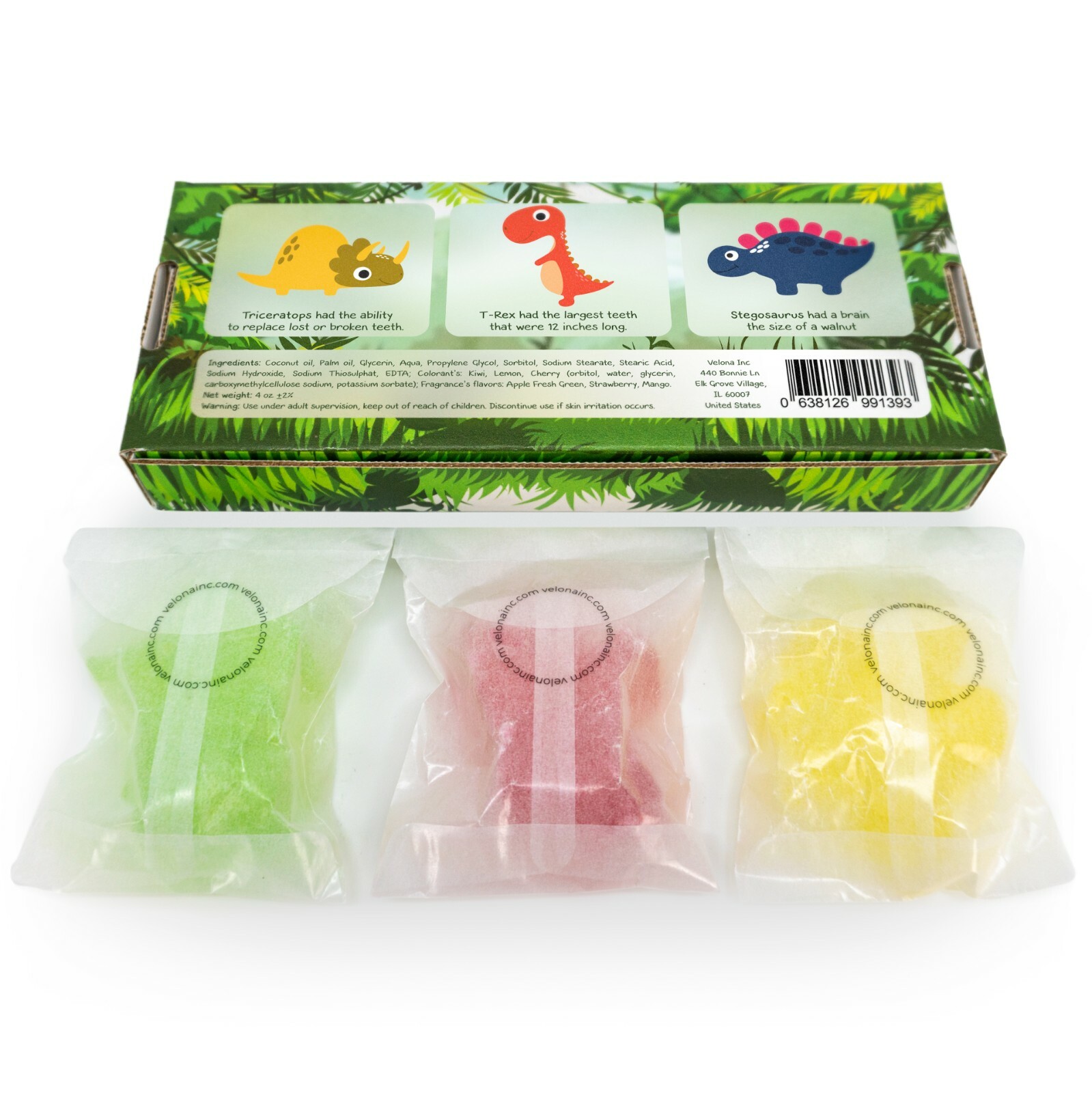 Velona Kids Soap – 3 Dinobars Gift For Girls and Boys Colored Dinosaurs All Skin